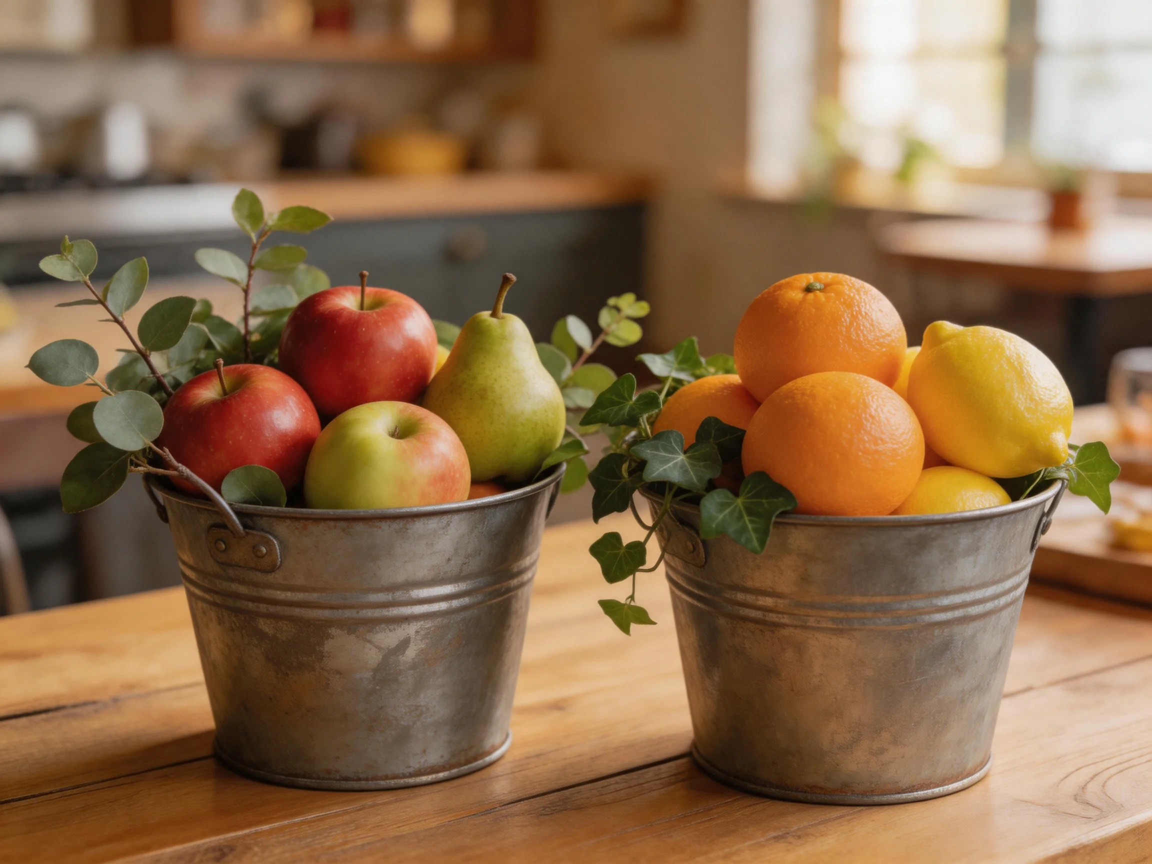 Two metal buckets hold assorted colorful fruits and greenery