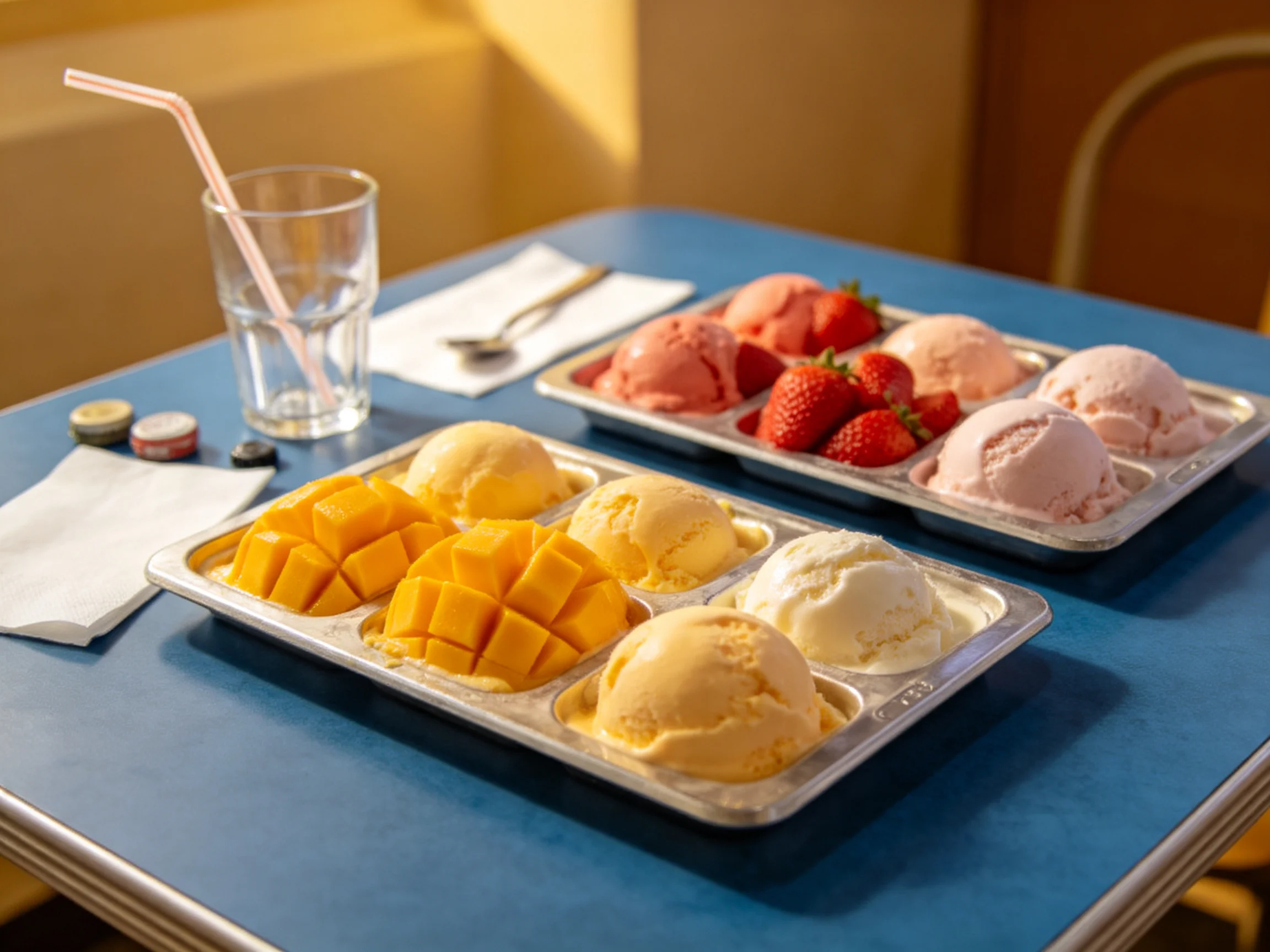 Two metal trays display assorted ice creams, mango cubes, and strawberries on a blue table