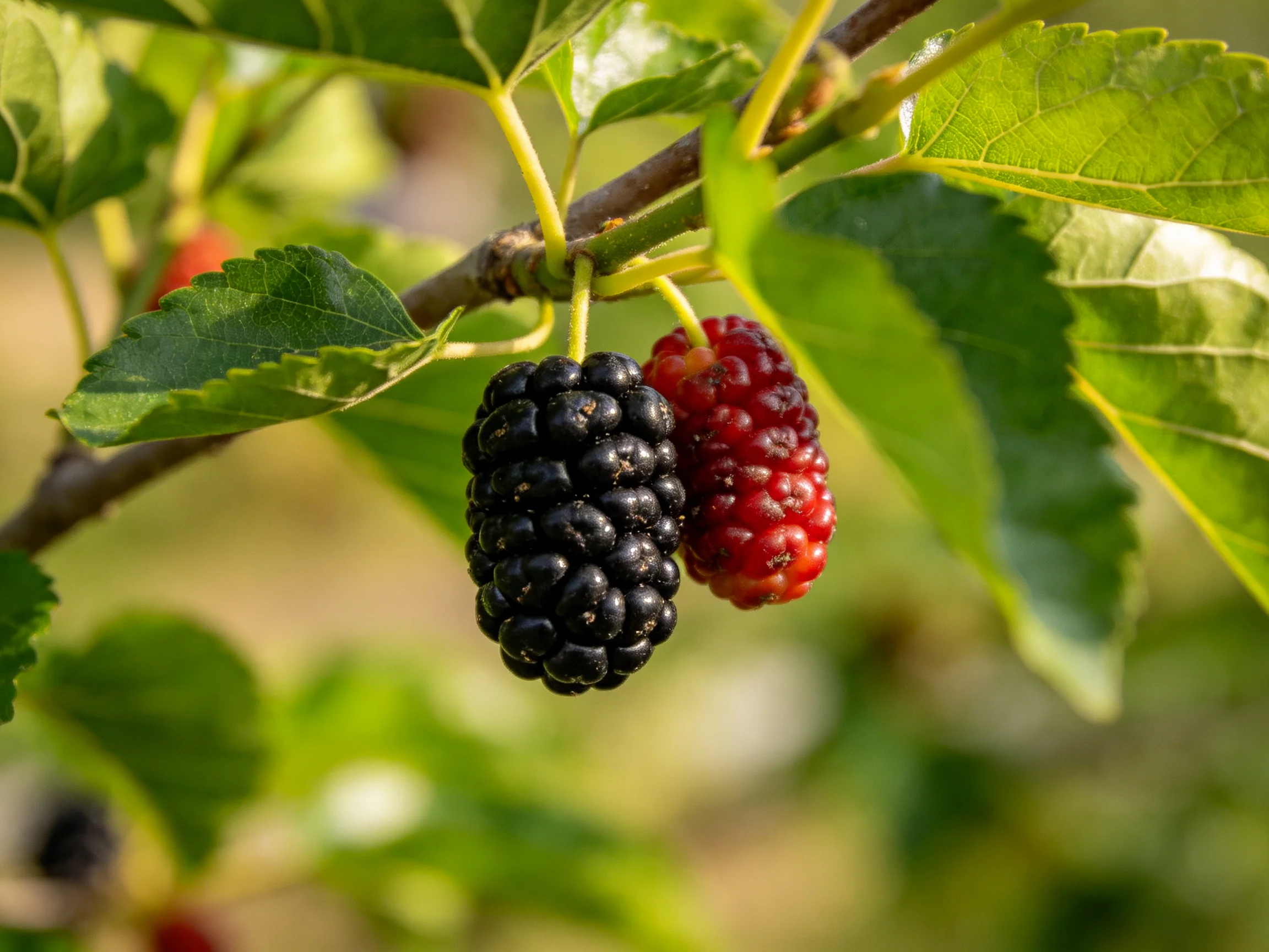 Two mulberries, one black and one red, hang from a leafy branch