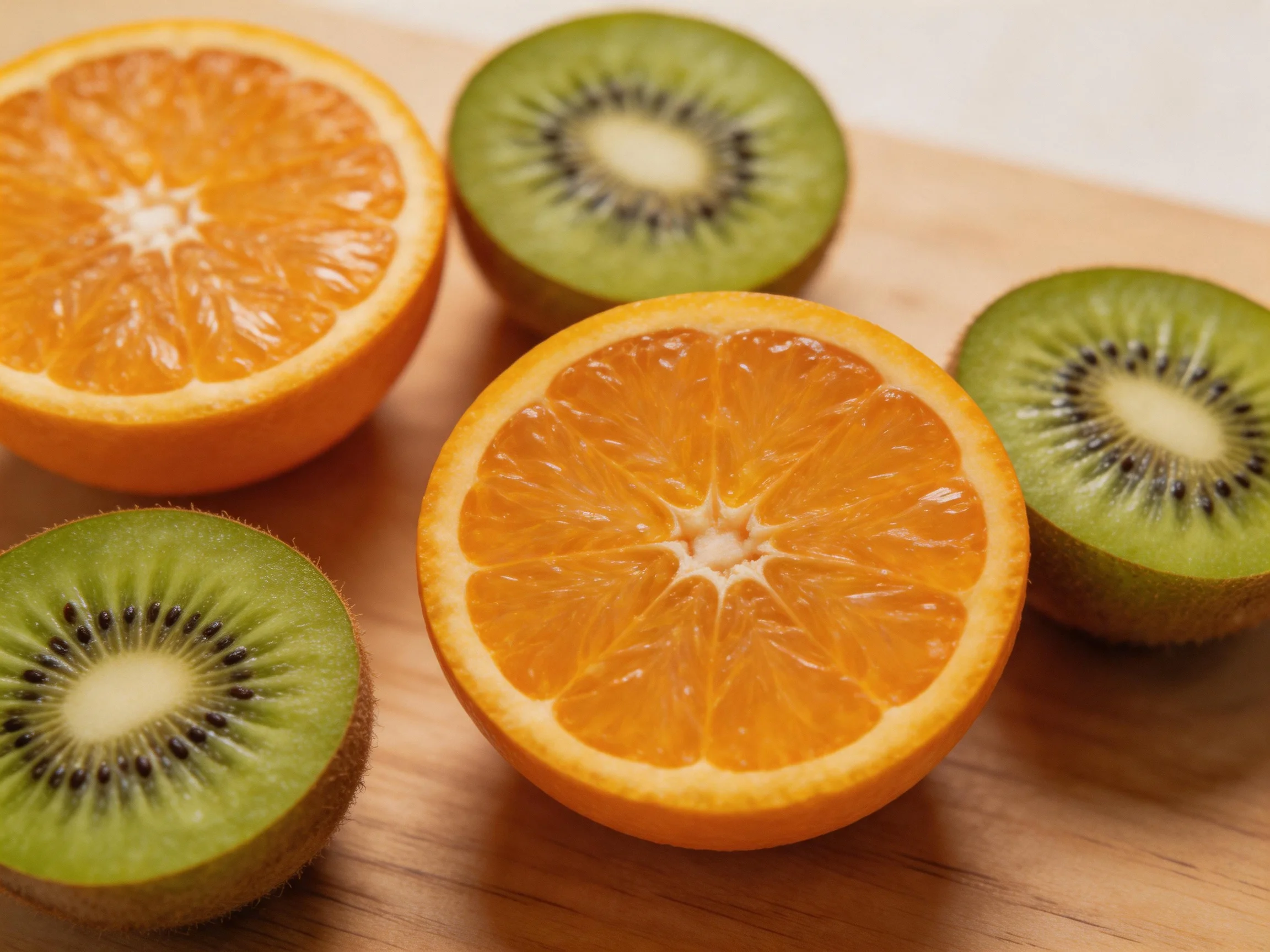 Two orange halves and three kiwi slices arranged on a wooden board