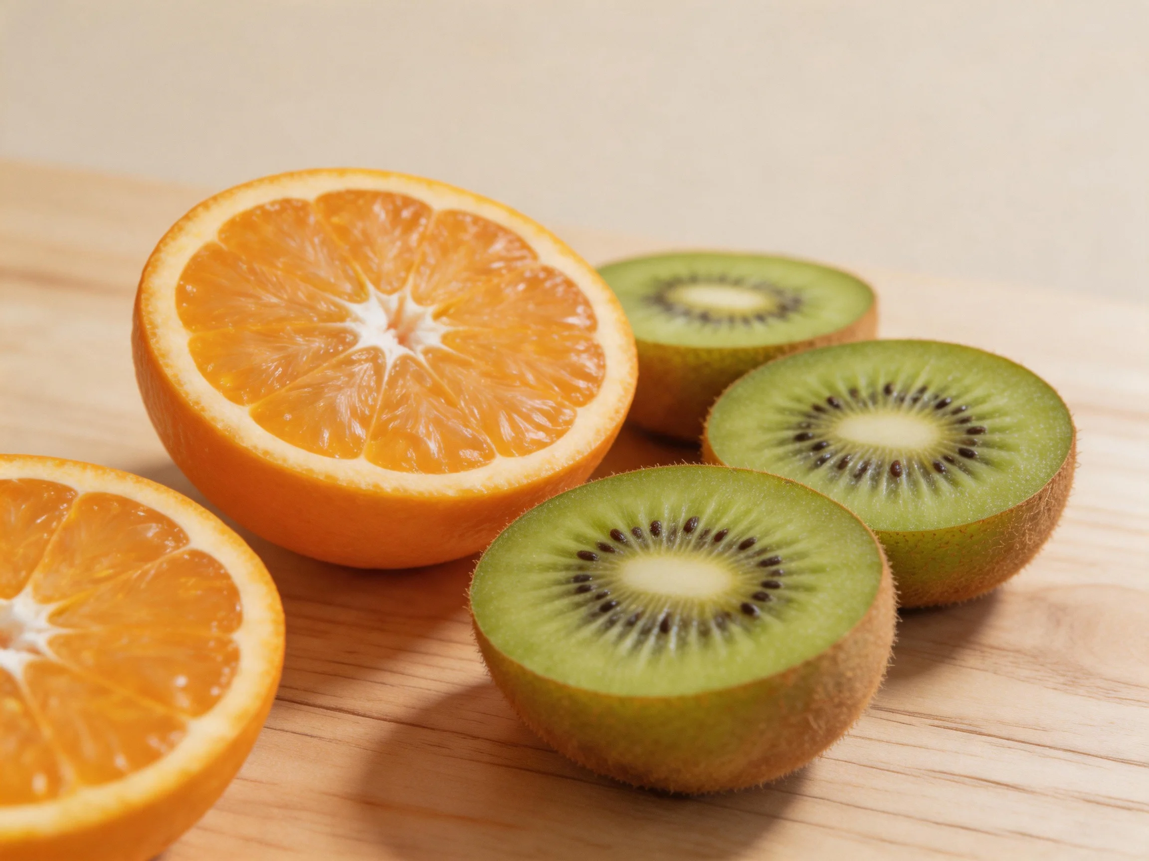 Orange halves and kiwi slices are arranged on a wooden board.