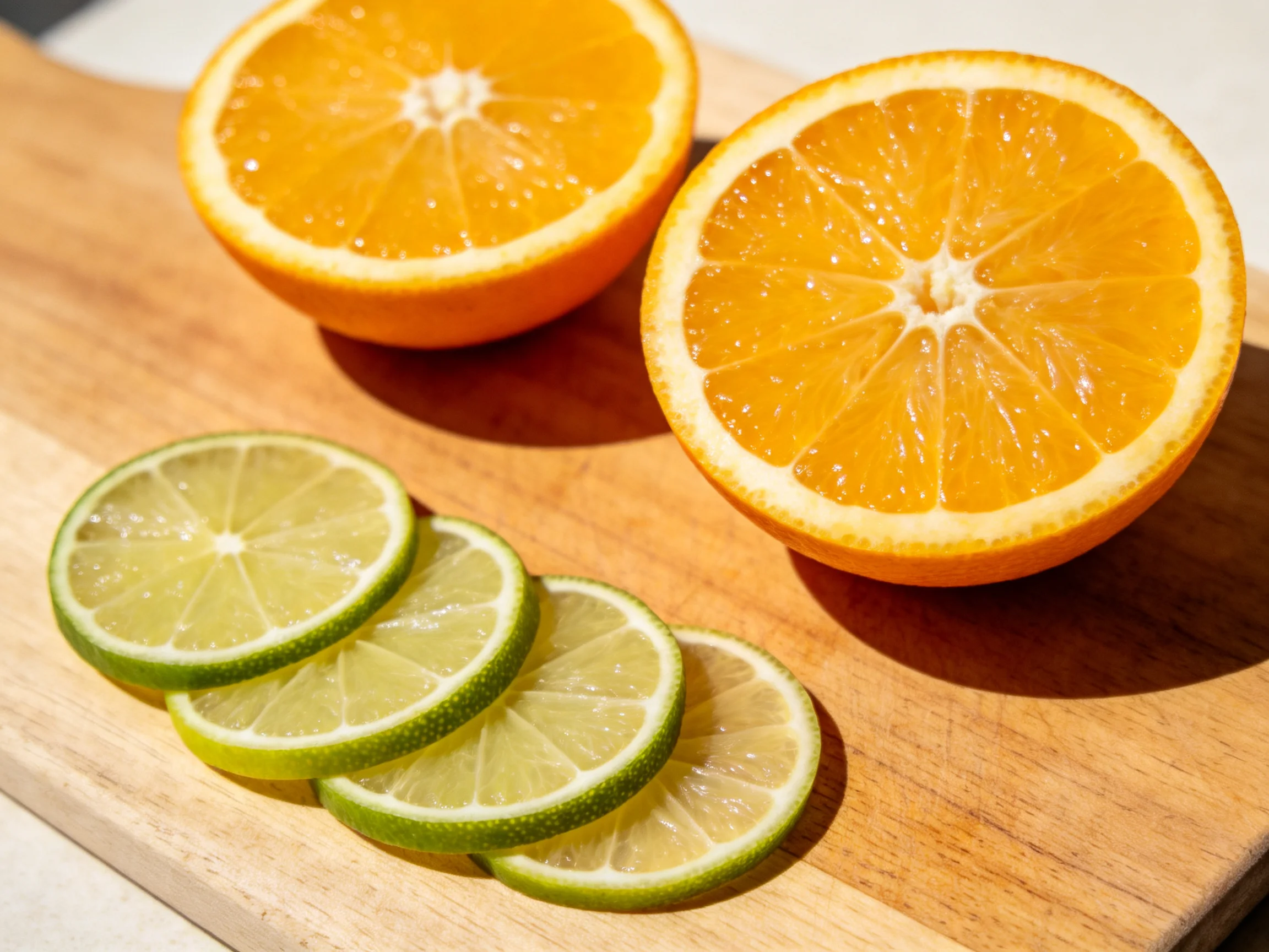 Two orange halves andfour lime slices on a wooden cutting board