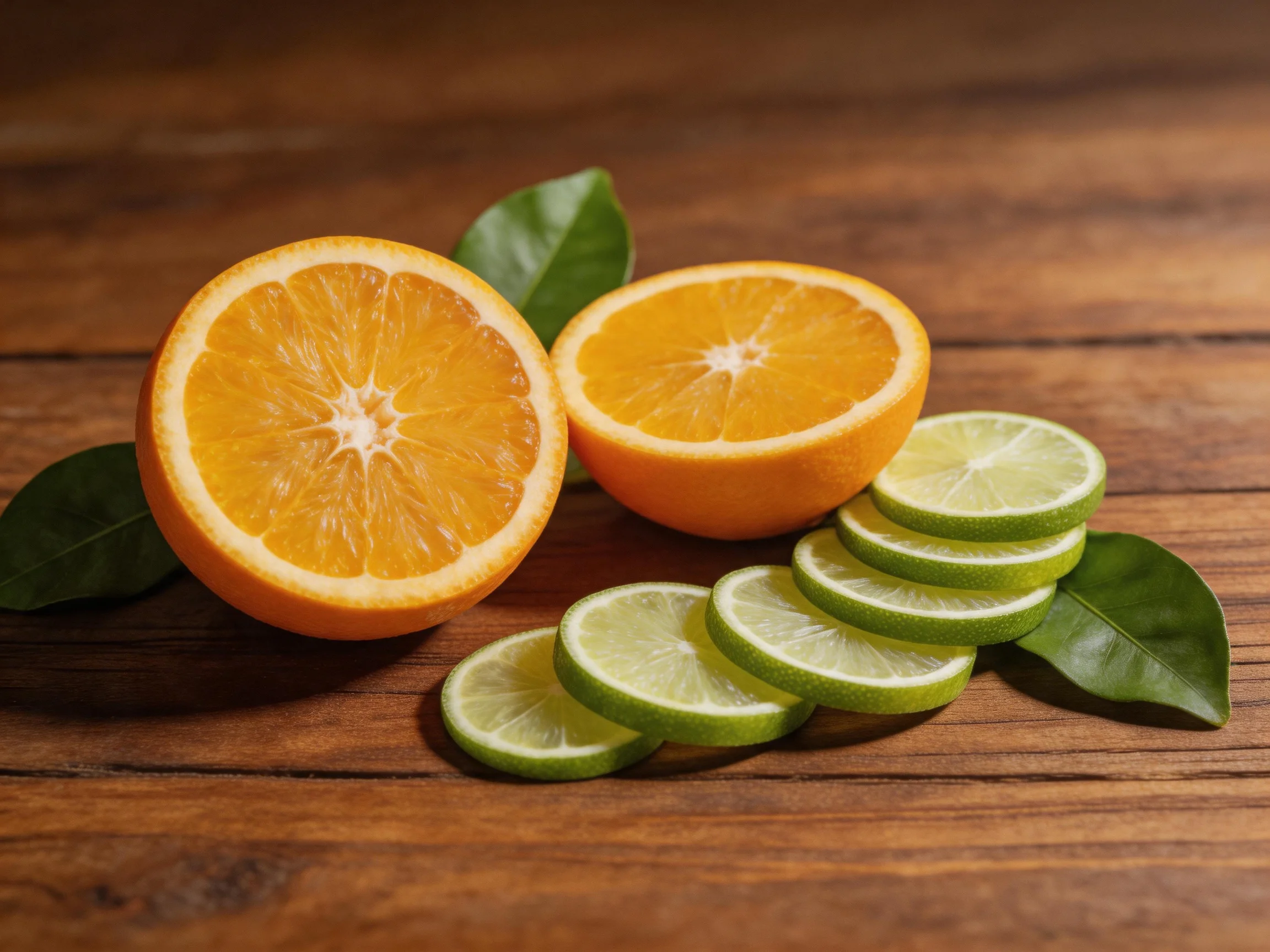 Two orange halves, lime slices, and green leaves on a wooden surface