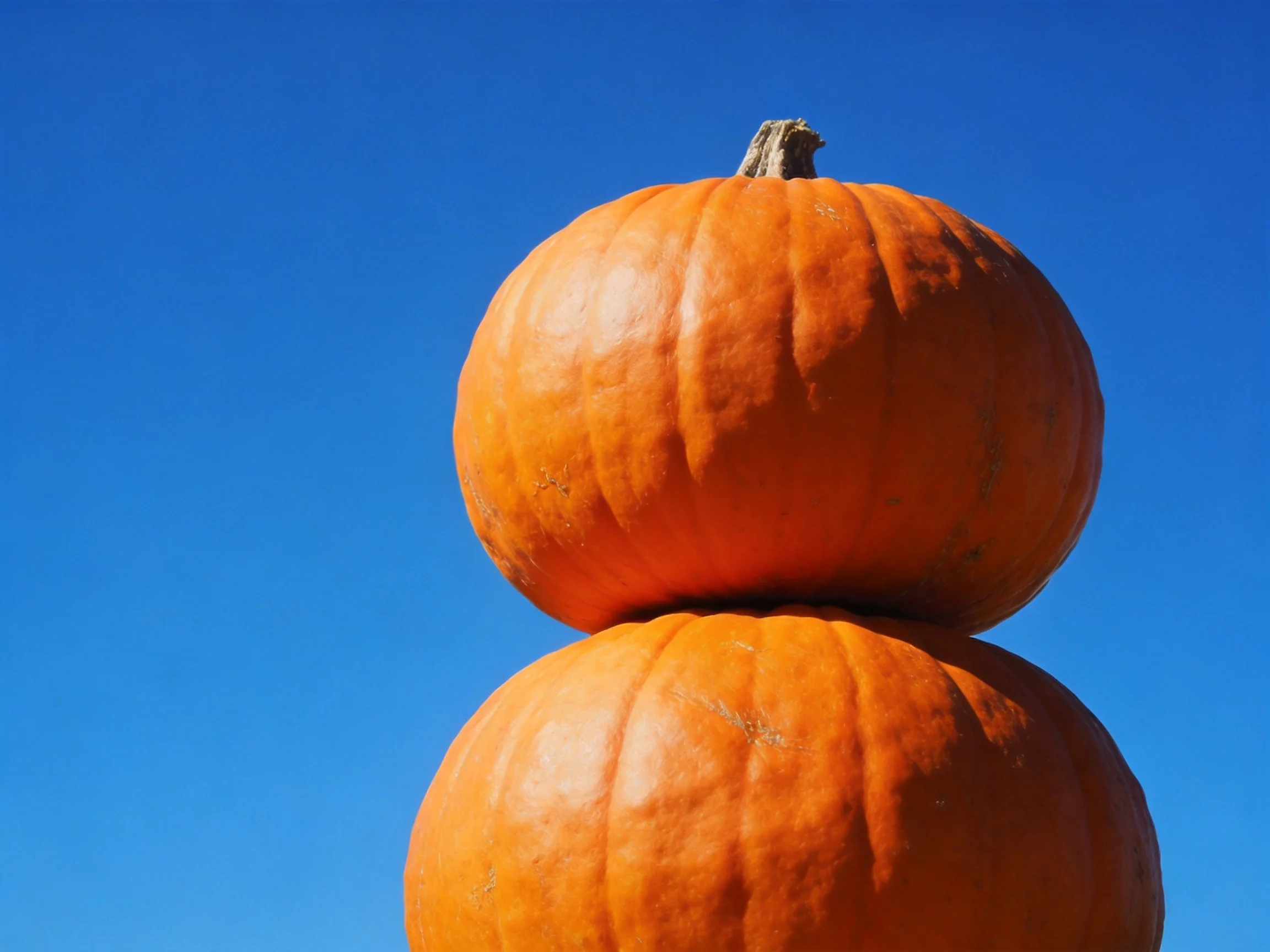 Two orange pumpkins stacked vertically with a clear blue sky