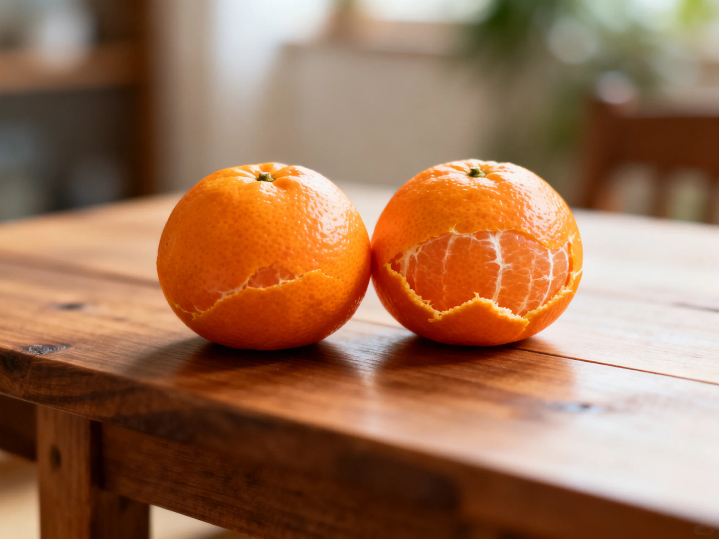 Two oranges, one partially peeled, rest on a polished wooden table