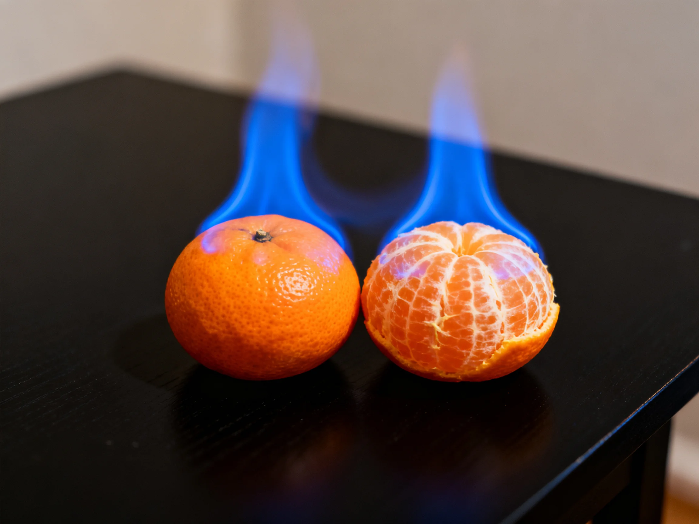 Two oranges—one peeled—engulfed in bright blue flames on a black table