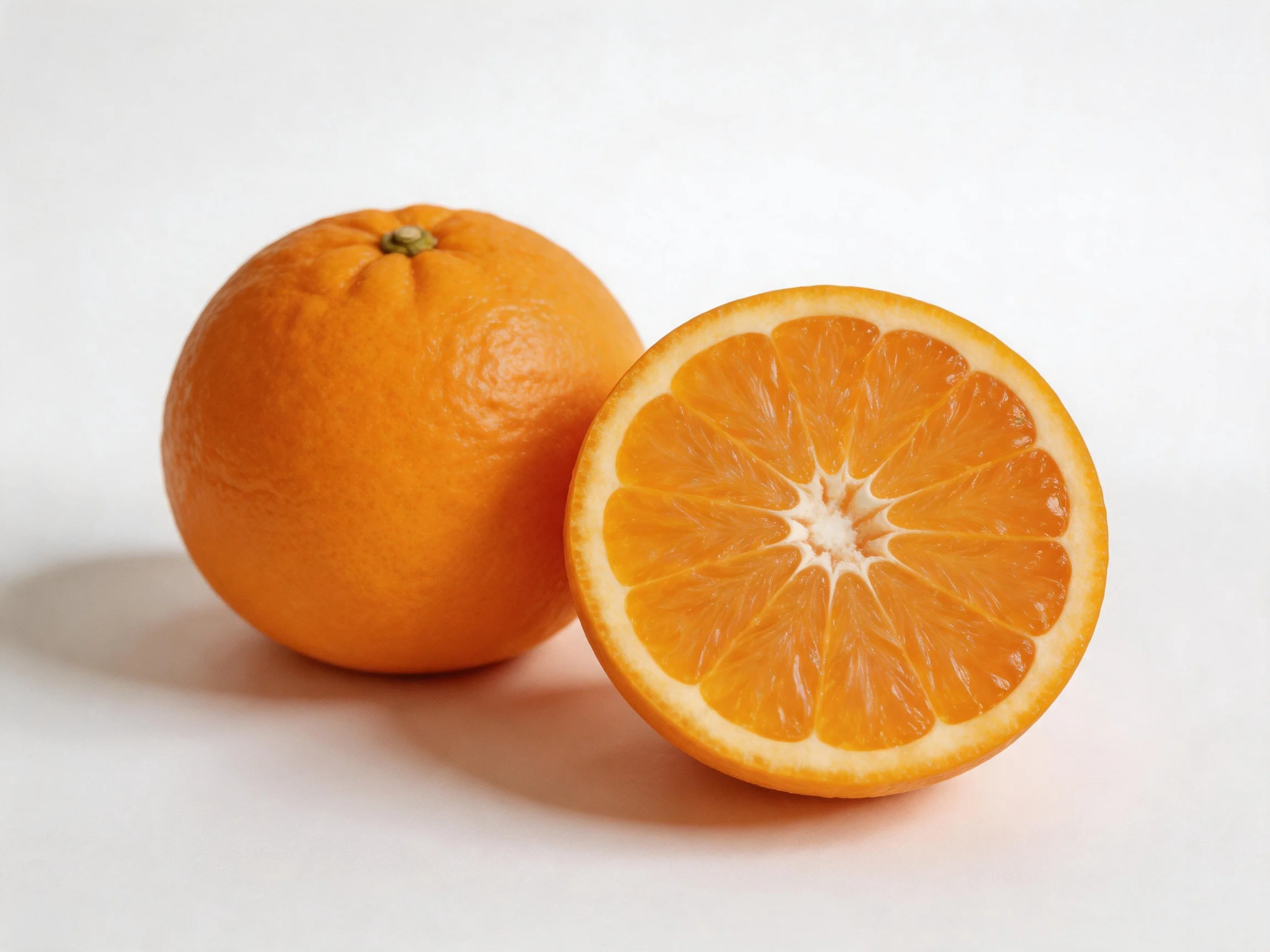 Two oranges, one whole and one cut in half, display vivid orange hues.