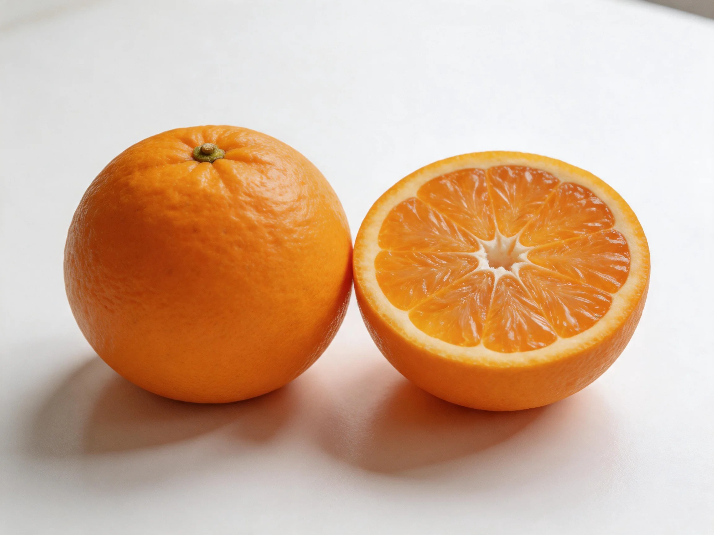 Two oranges, one whole and one halved, displayed on a white surface