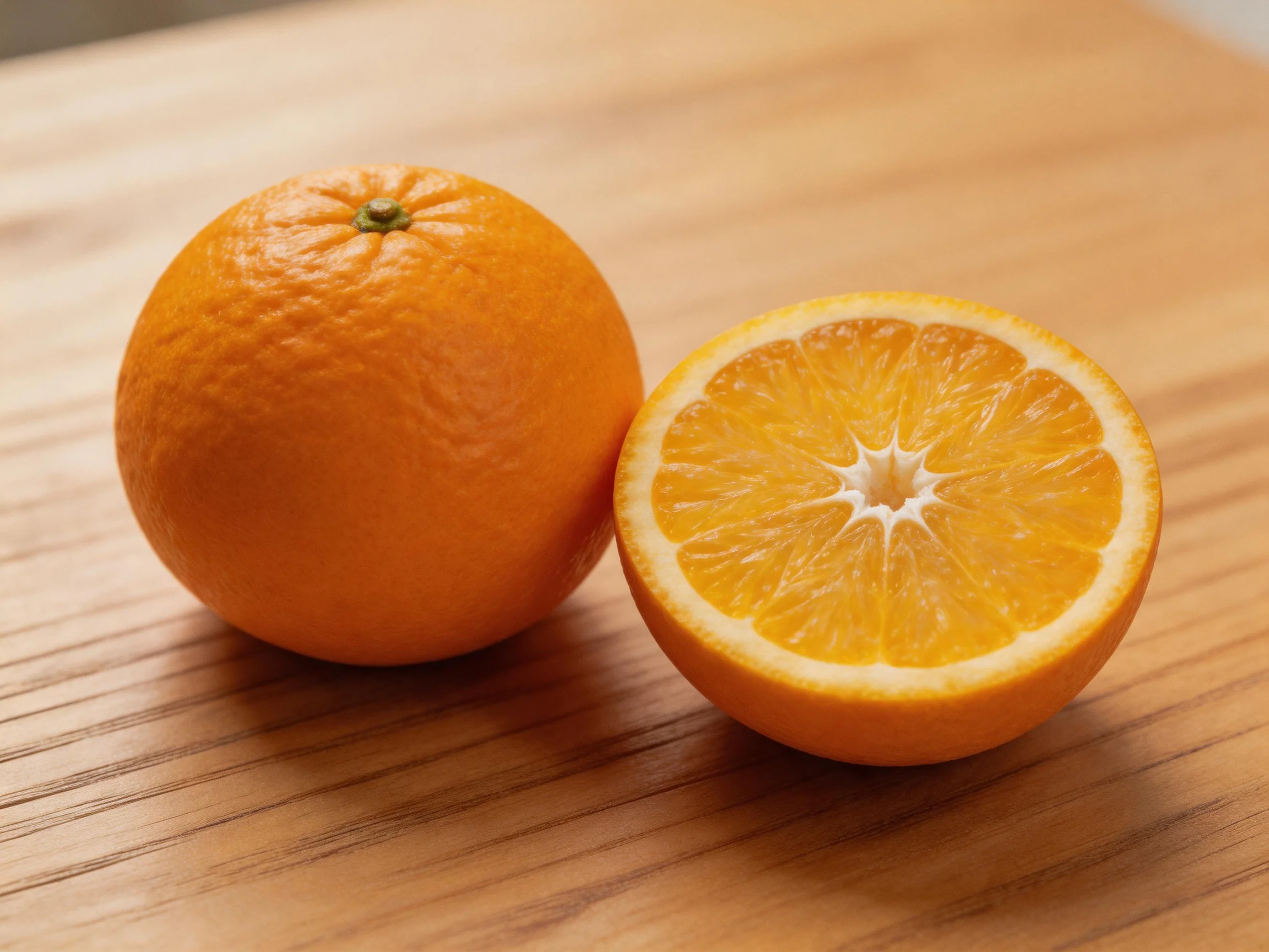 Two oranges, one whole and one halved, rest on a wooden surface