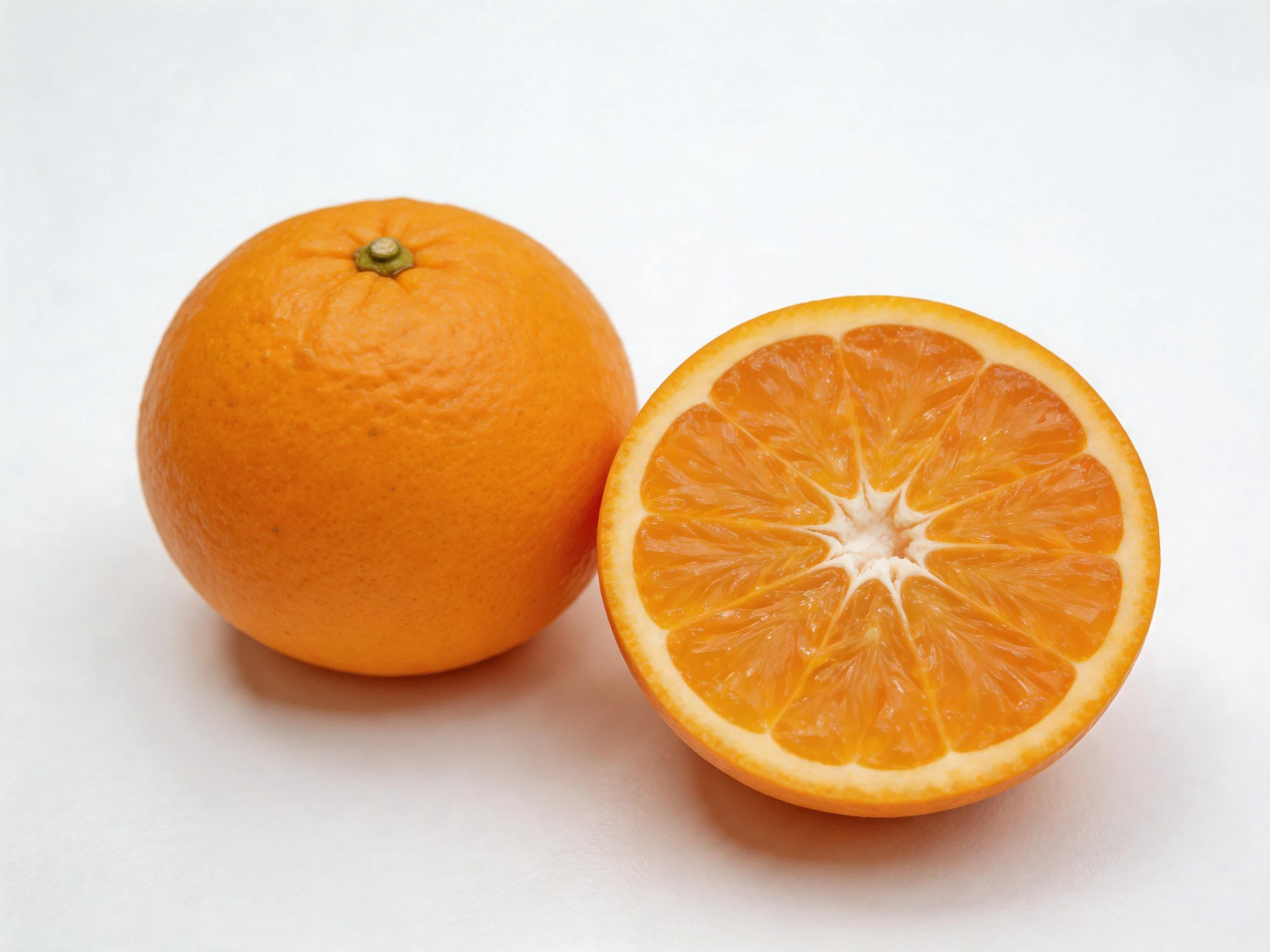 Two oranges, one whole and one halved, reveal bright orange interiors