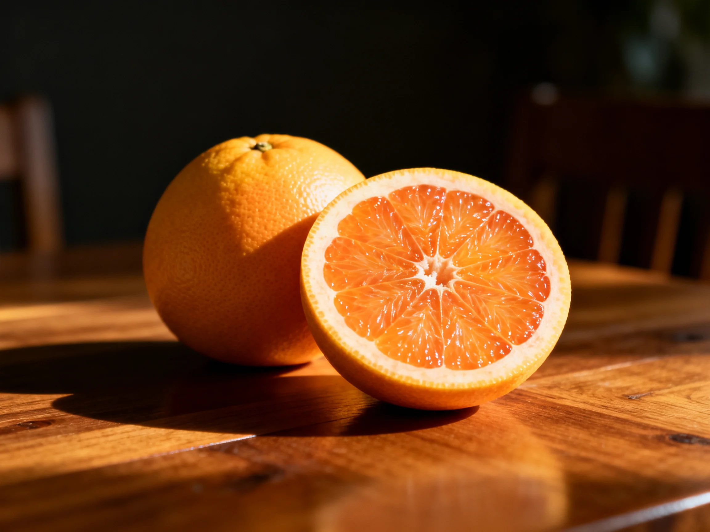 Two oranges, one whole and one sliced, sit on a polished wooden table with sunlight