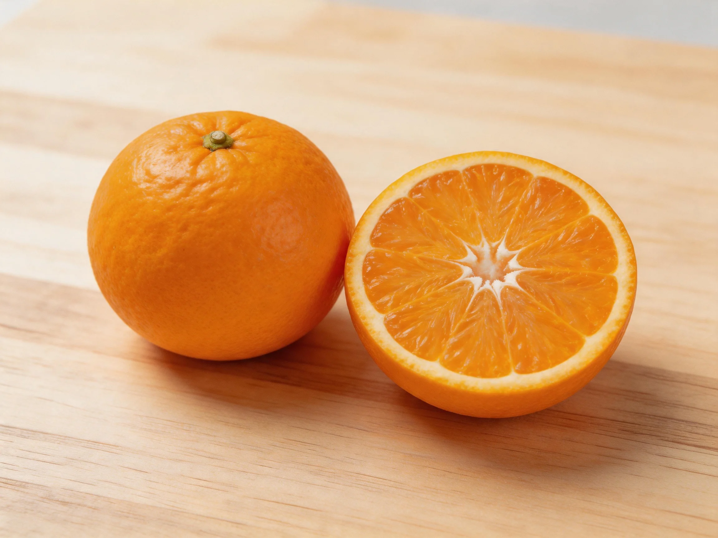 Two oranges—one whole, one cut in half—are displayed on a wooden surface.
