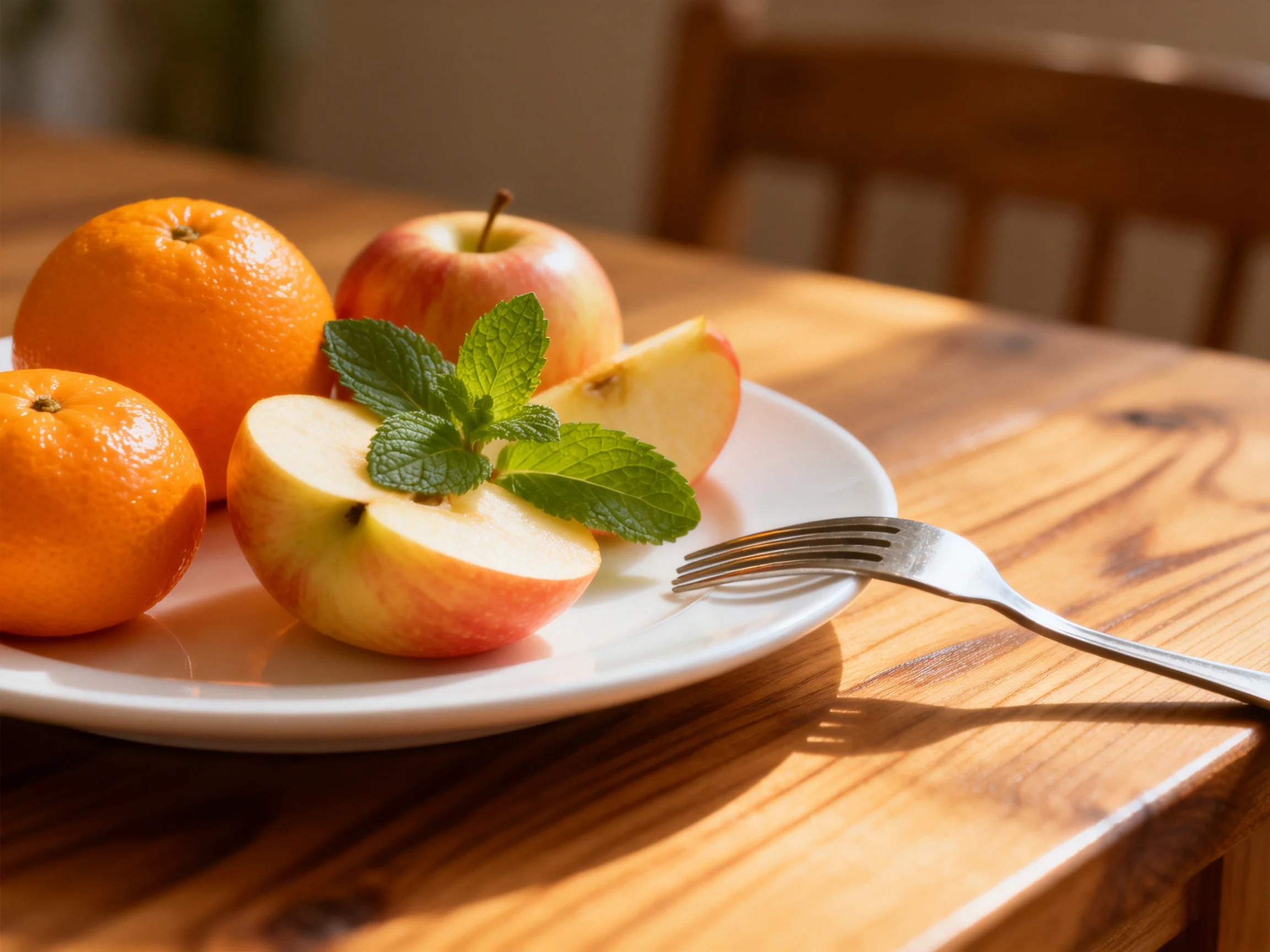 Two oranges, sliced apples, and mint on a white plate with a fork on a wooden table