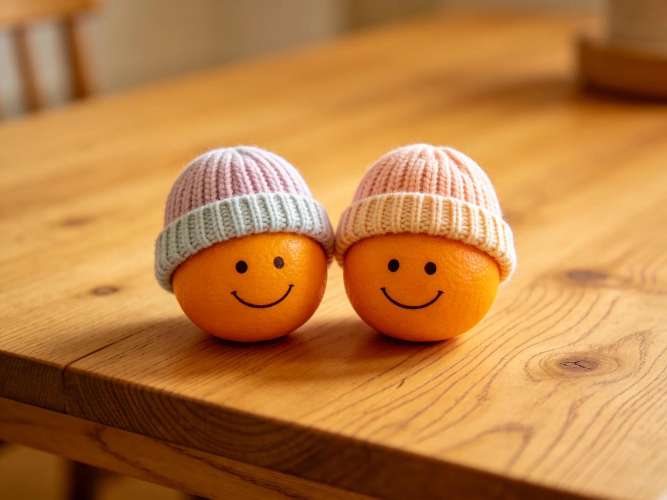 Two oranges with smiley faces wear pastel knit hats on a wooden table