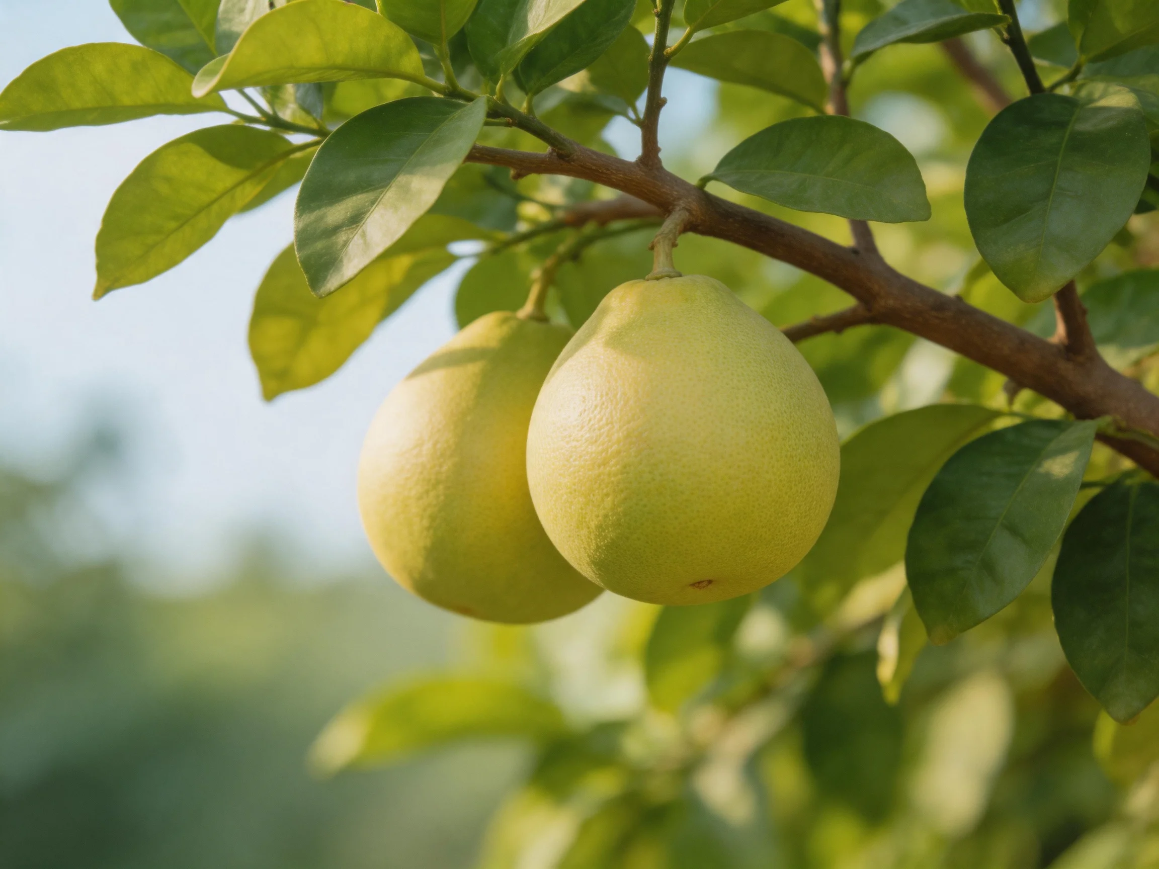 Two pale-yellow fruits hang from a leafy tree branch
