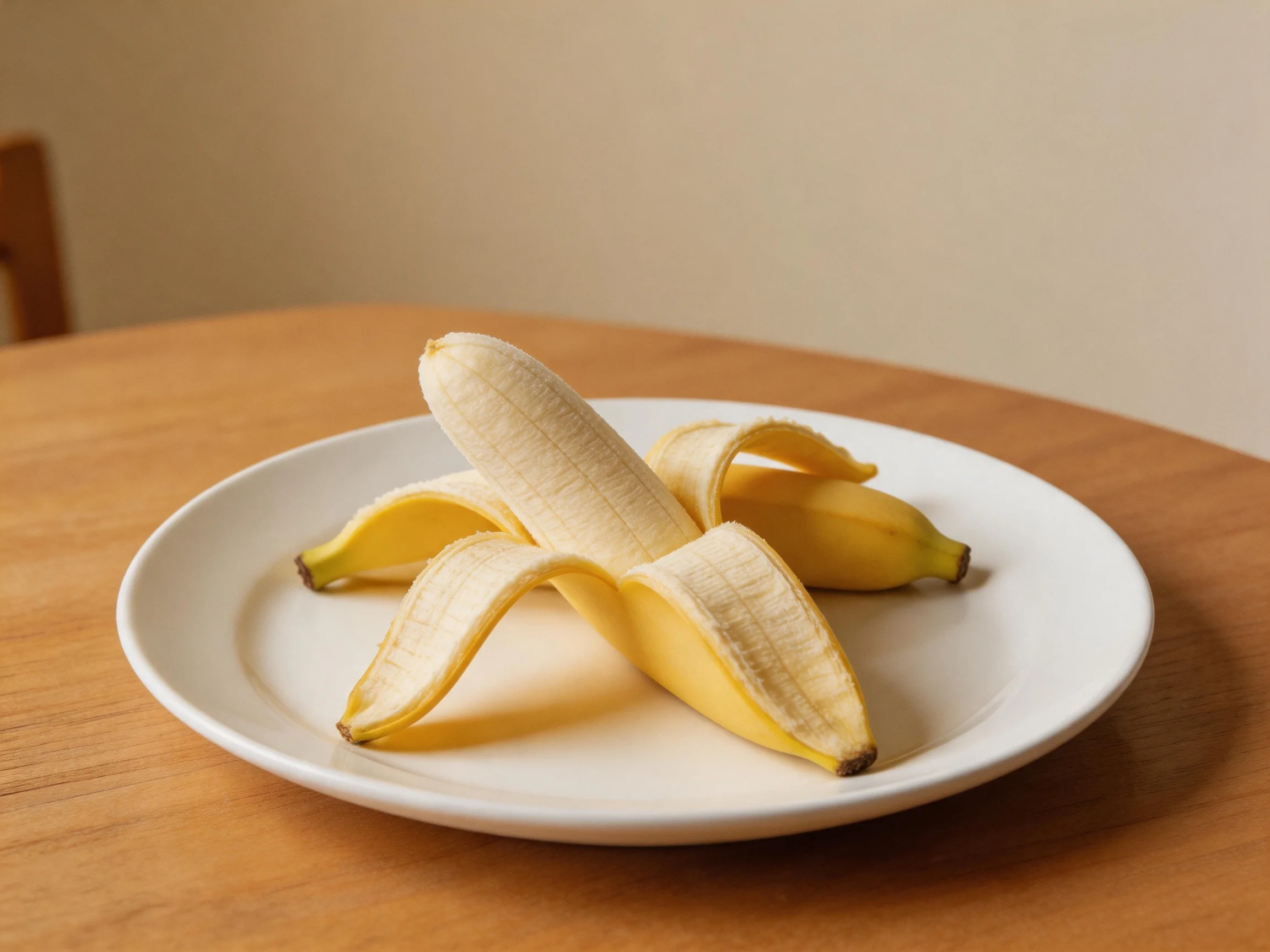 Two peeled bananas rest on a white plate with scattered peels