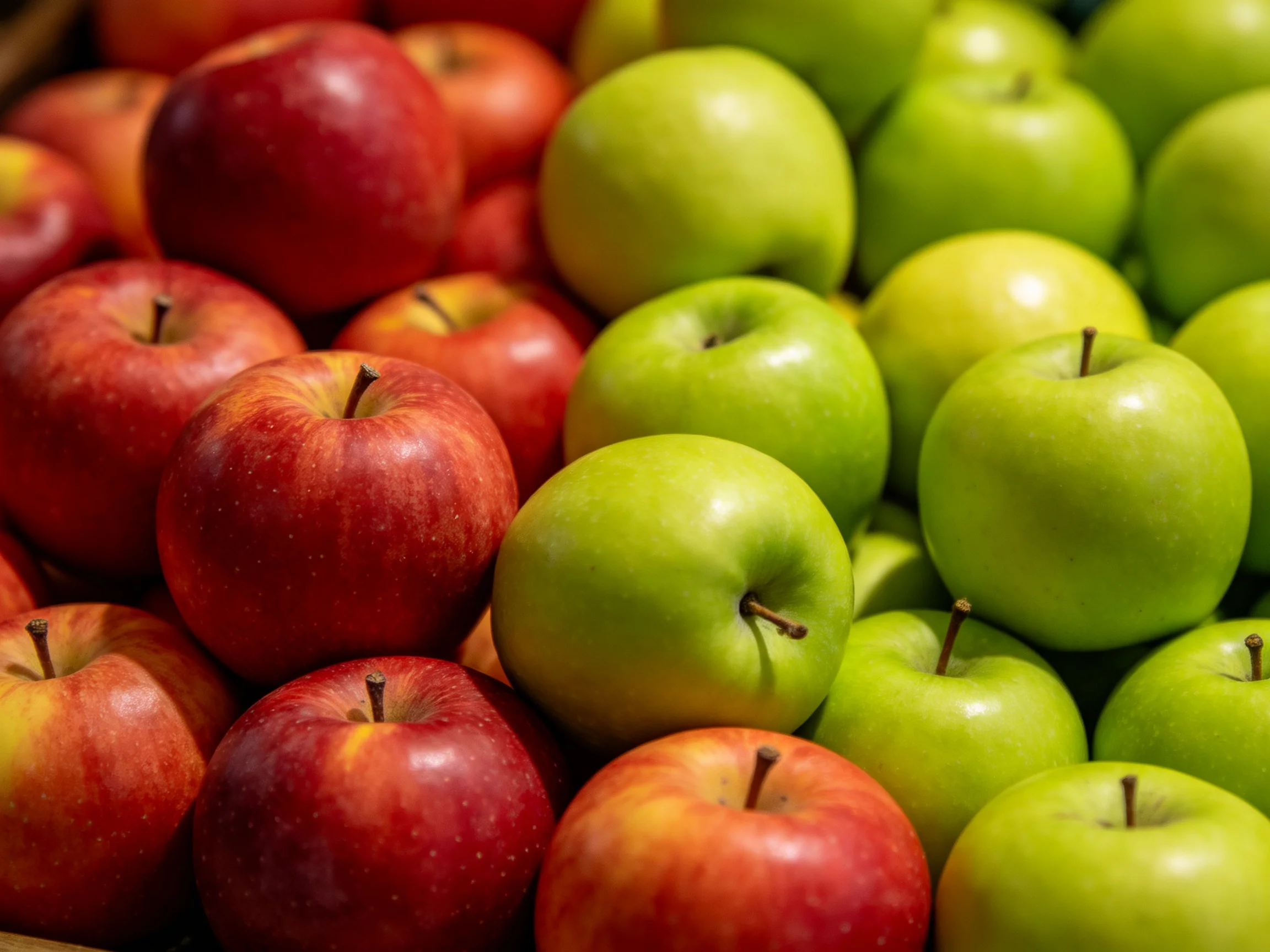 Two piles of red and green apples with vibrant hues