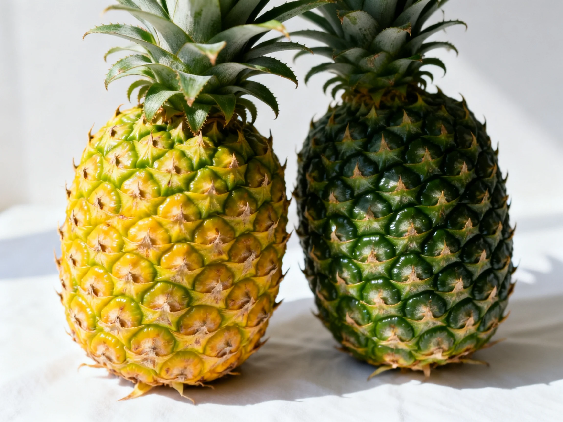 Two pineapples exhibit varied ripeness and color shades