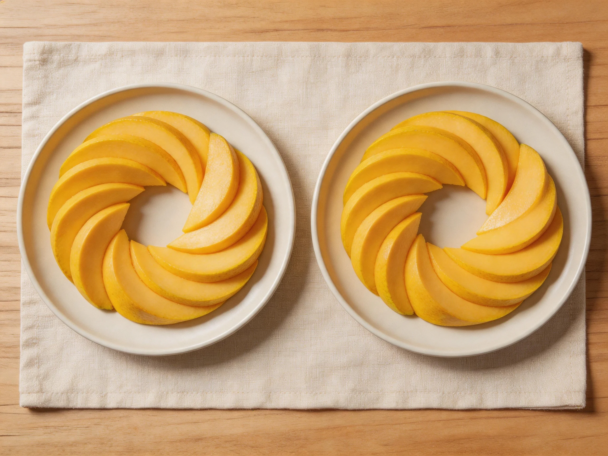 Two plates hold circular arrangements of sliced yellow fruit on a beige cloth
