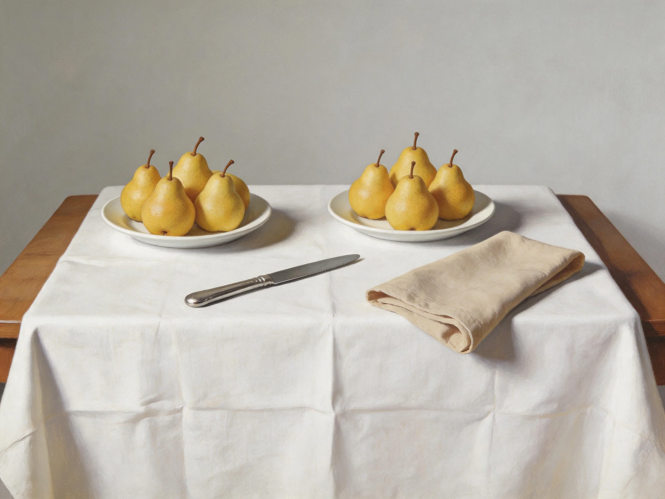Two plates of golden pears rest on a white tablecloth with a knife and napkin