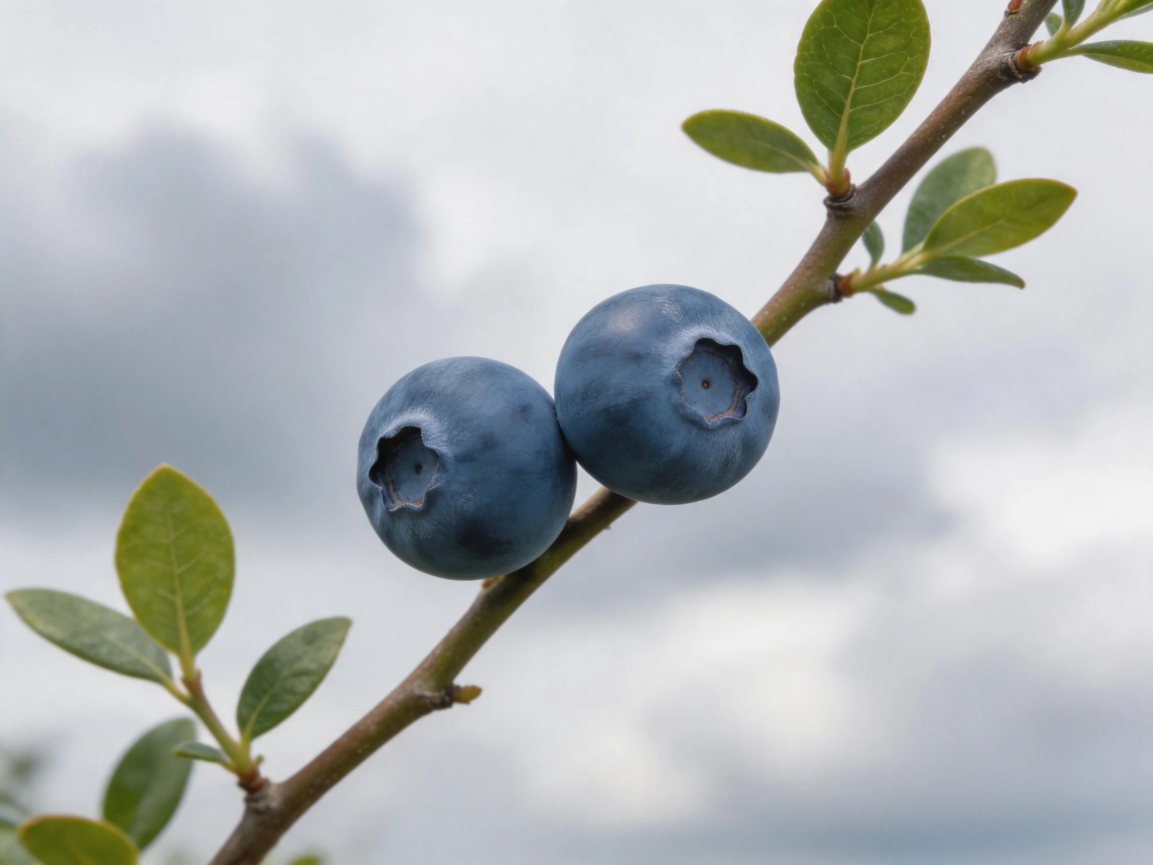 Two plump blueberries rest on a branch with green leaves amid a cloudy sky