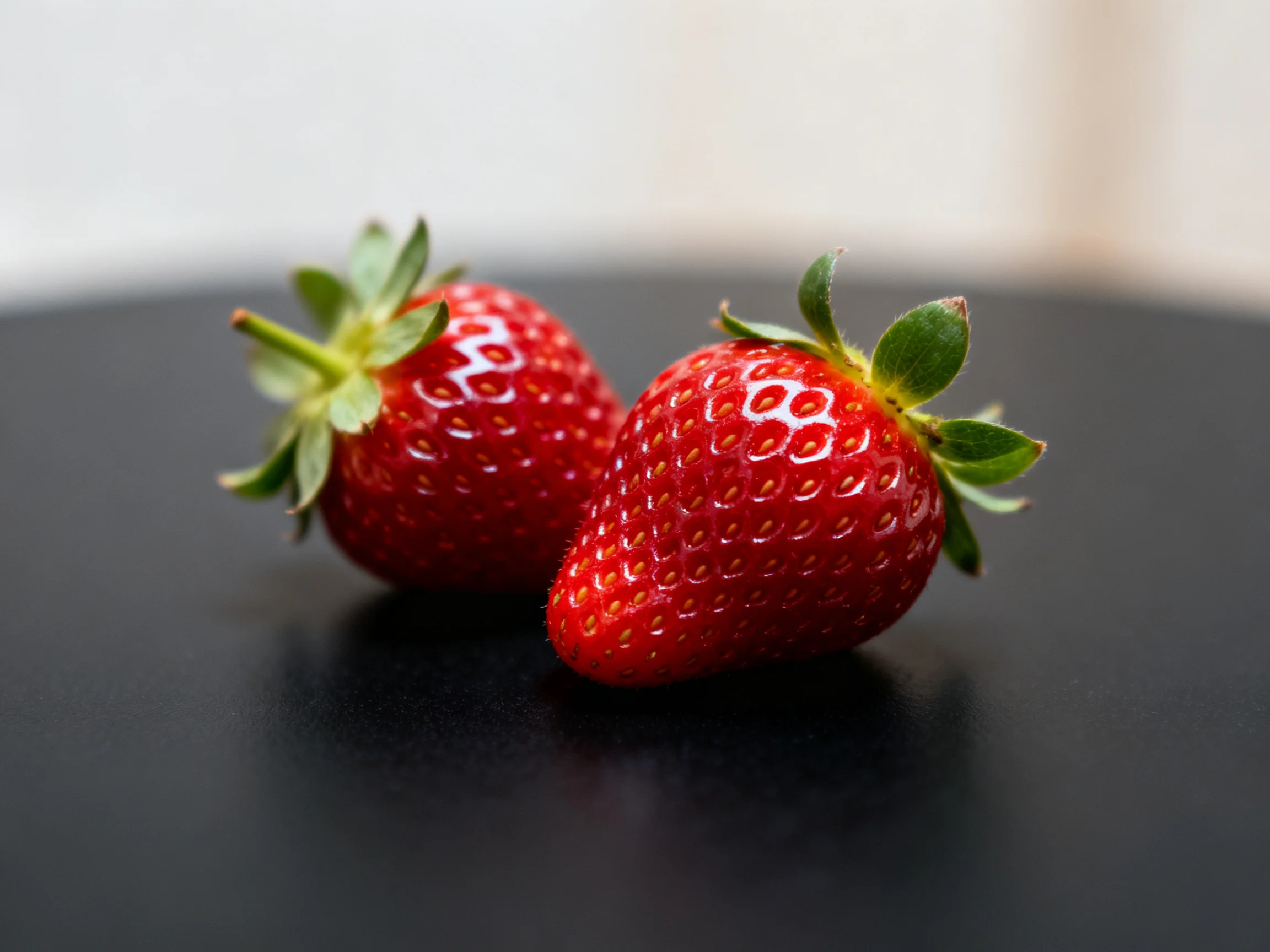 Two plump, bright red strawberries rest on a sleek black surface