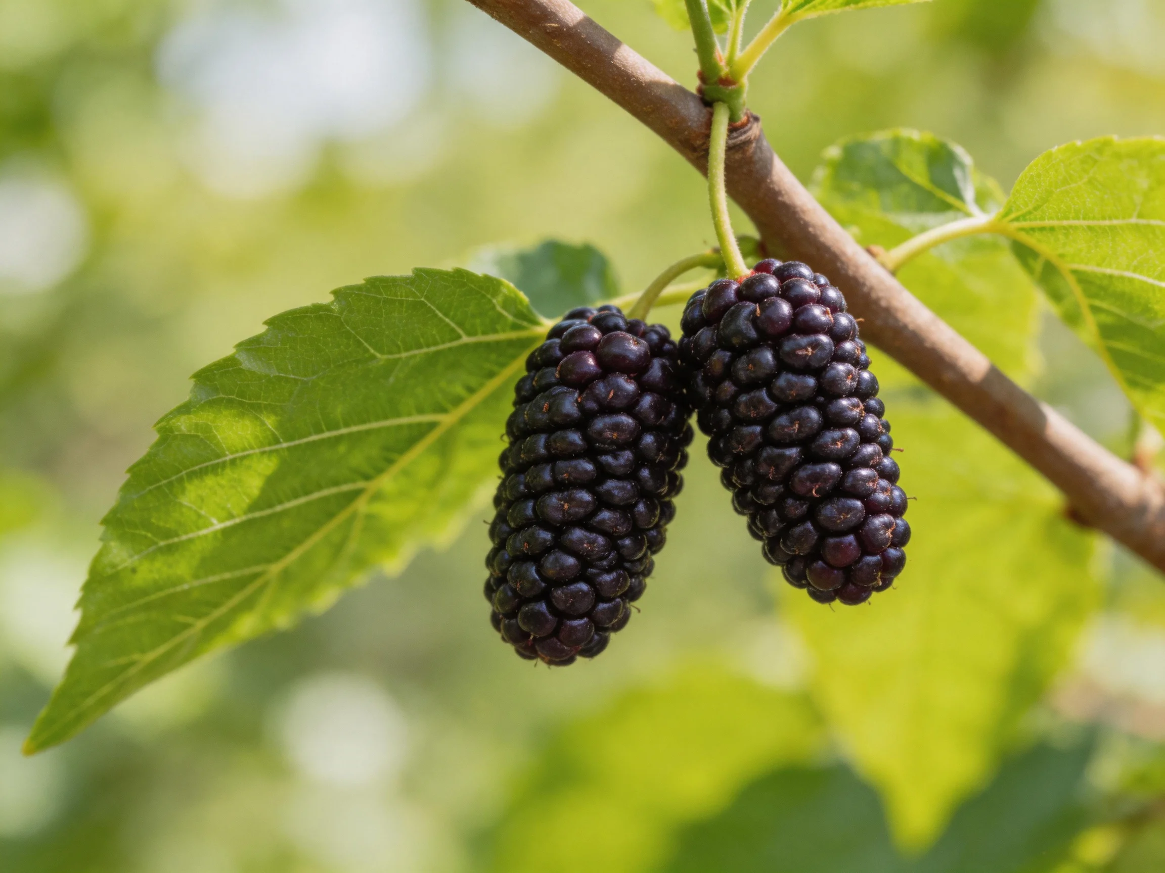 Two plump, deep-purple mulberries hang from a brown tree branch with vibrant green leaves.