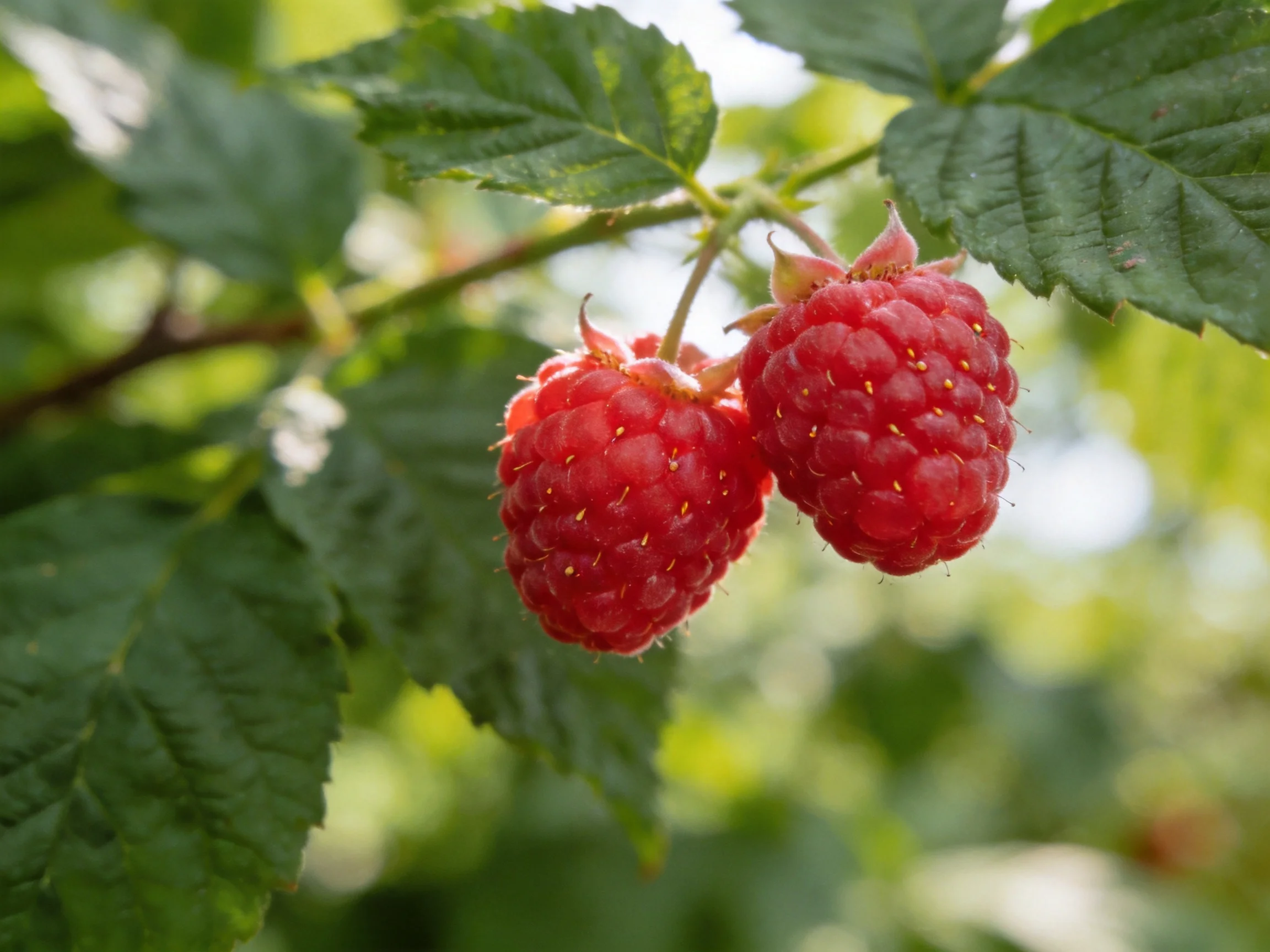 Two plump red raspberries grow among lush green foliage.