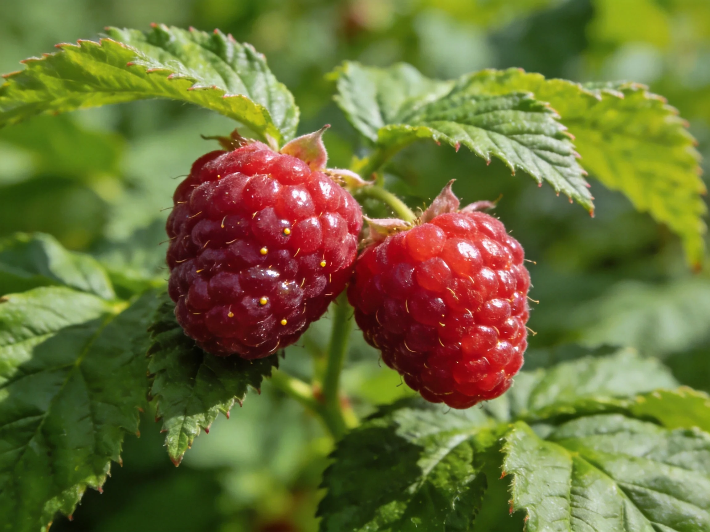 Two plump red raspberries hang among vibrant green leaves