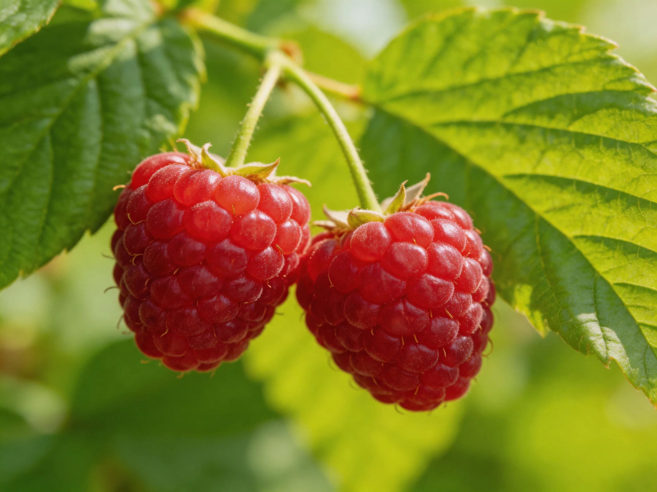 Two plump red raspberries hang from lush green foliage