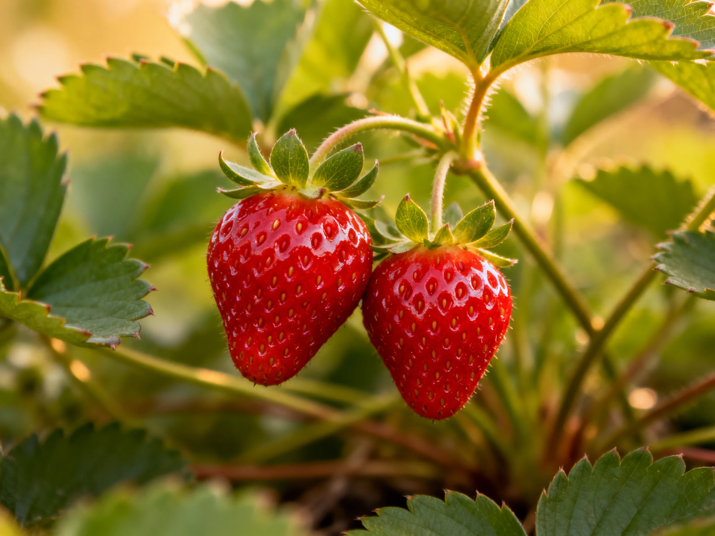 Two plump red strawberries dangle from lush green strawberry plants