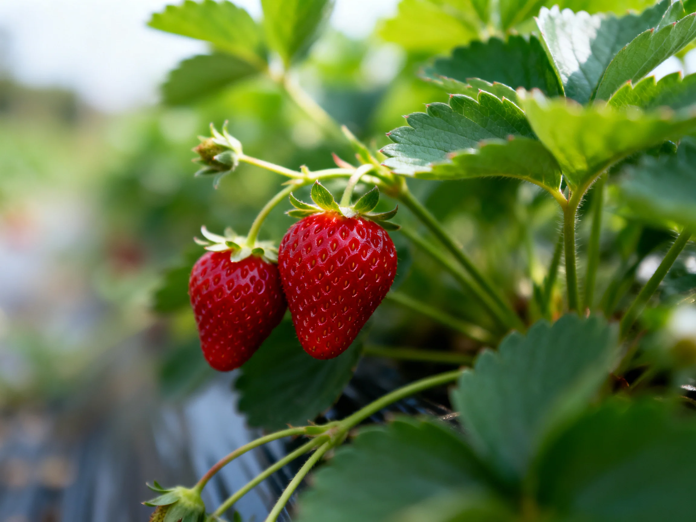 Two plump red strawberries grow among lush green strawberry plant leaves