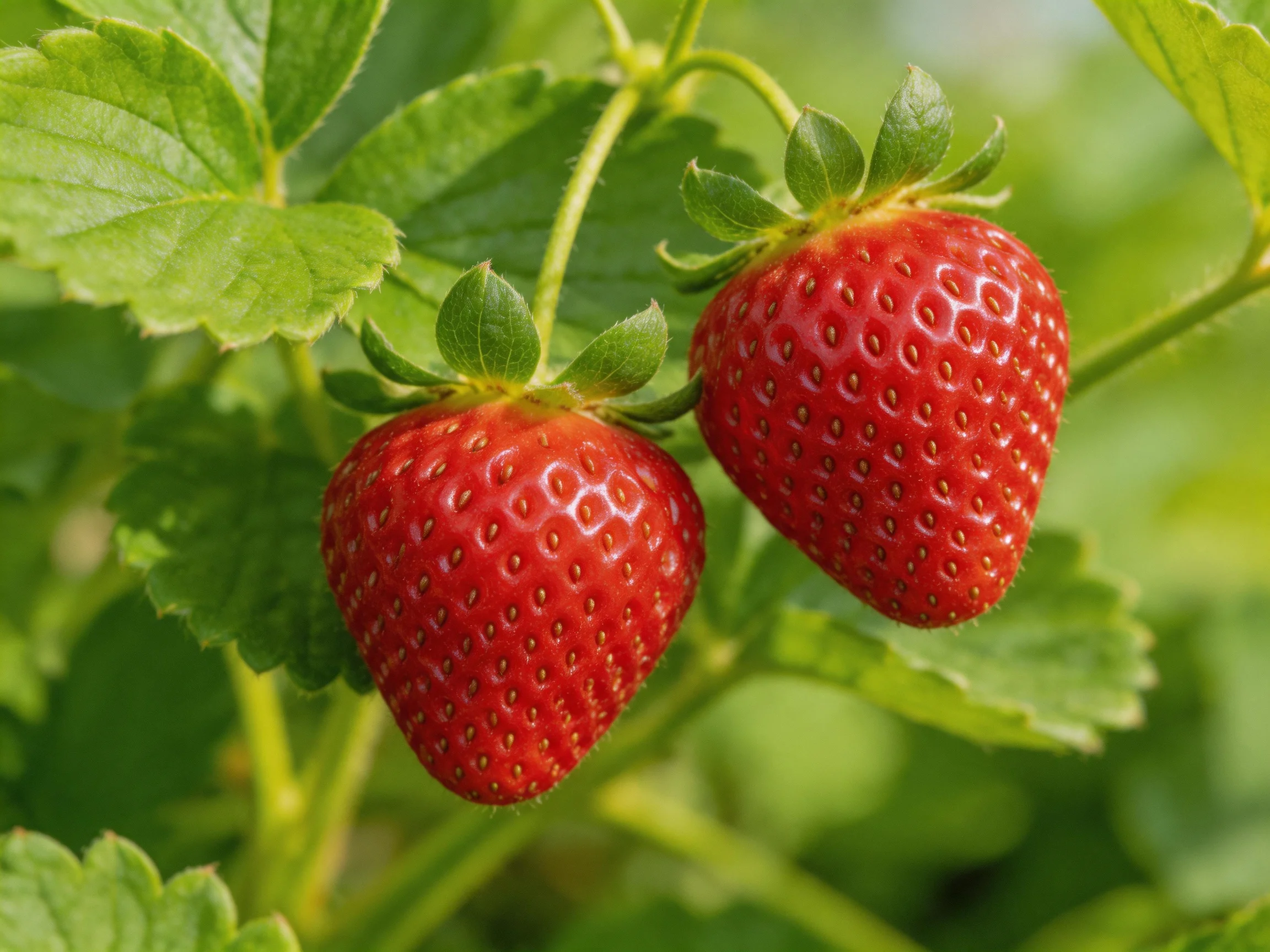 Two plump red strawberries hang from lush green strawberry vines
