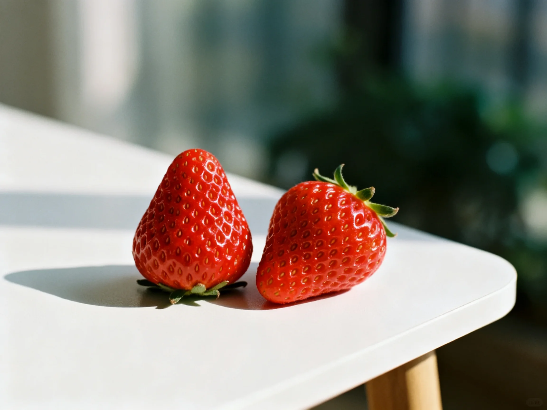 Two plump red strawberries rest on a white table