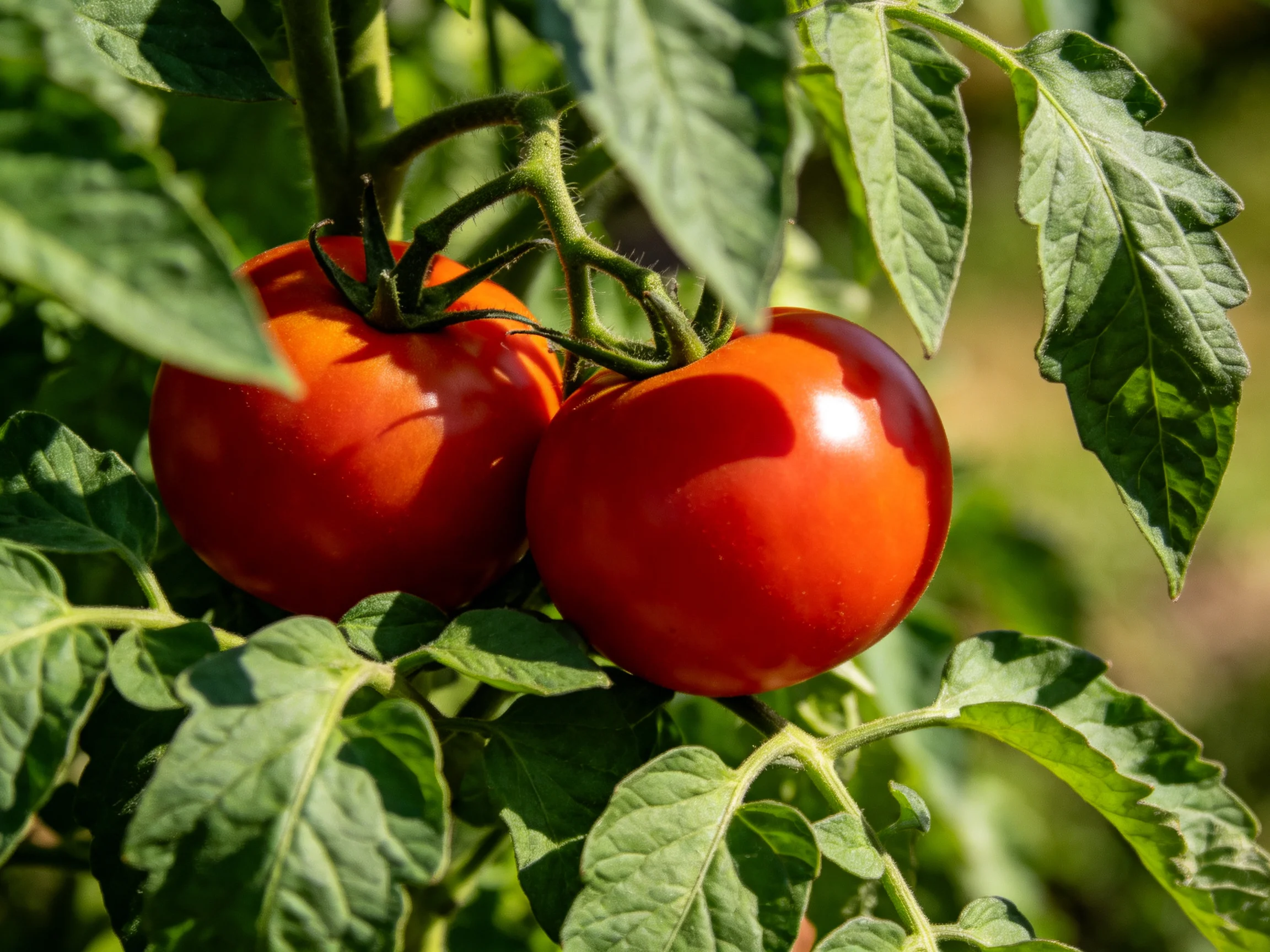 Two plump red tomatoes hang from a vine with green foliage
