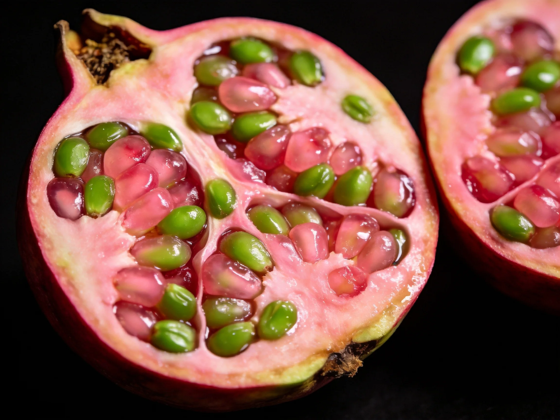 Two pomegranate halves with pink flesh and green seeds