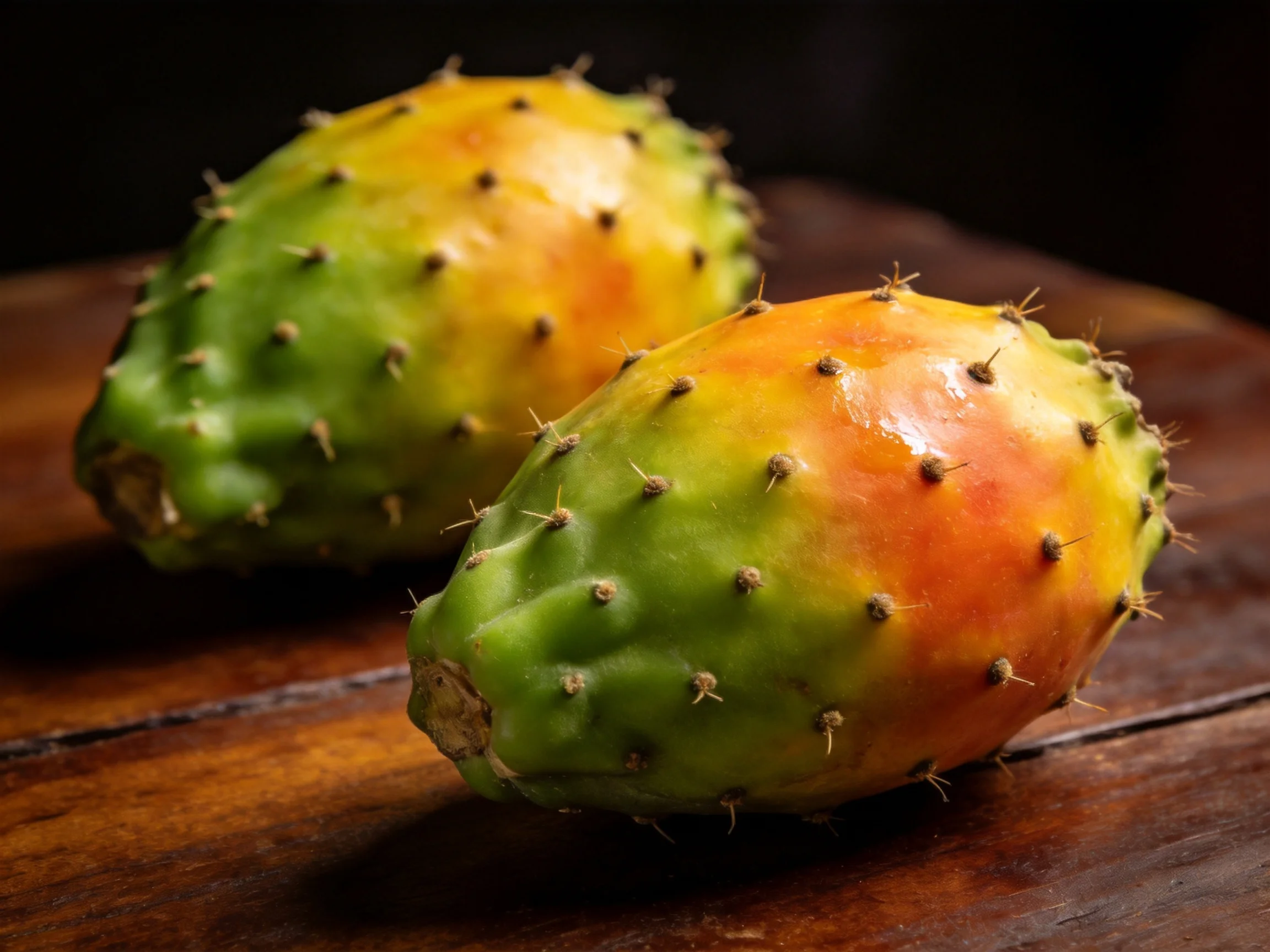 Two prickly pears with green and yellow-orange hues rest on a wooden surface