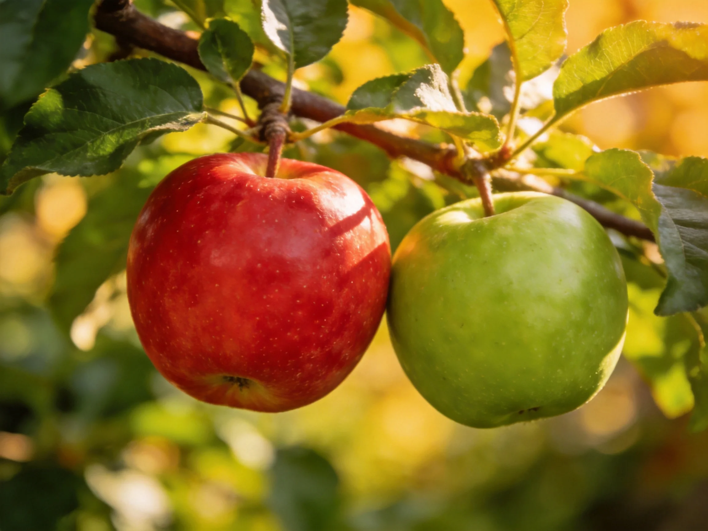 Two red and green apples hang from a tree branch with lush leaves