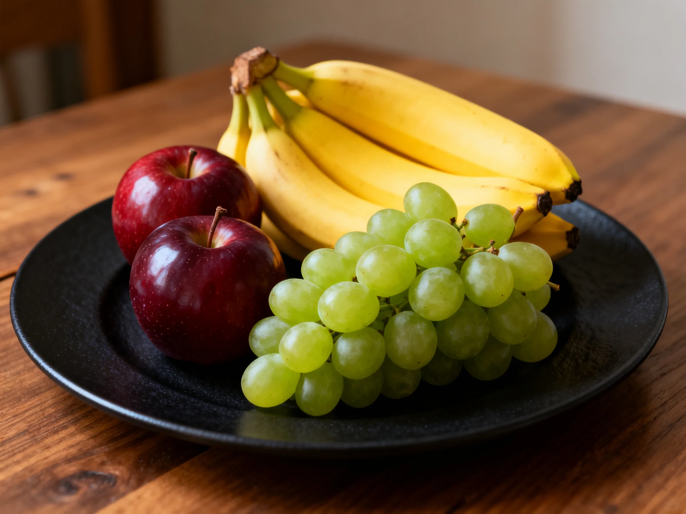 Two red apples, a bunch of yellow bananas, and a cluster of green grapes on a black plate