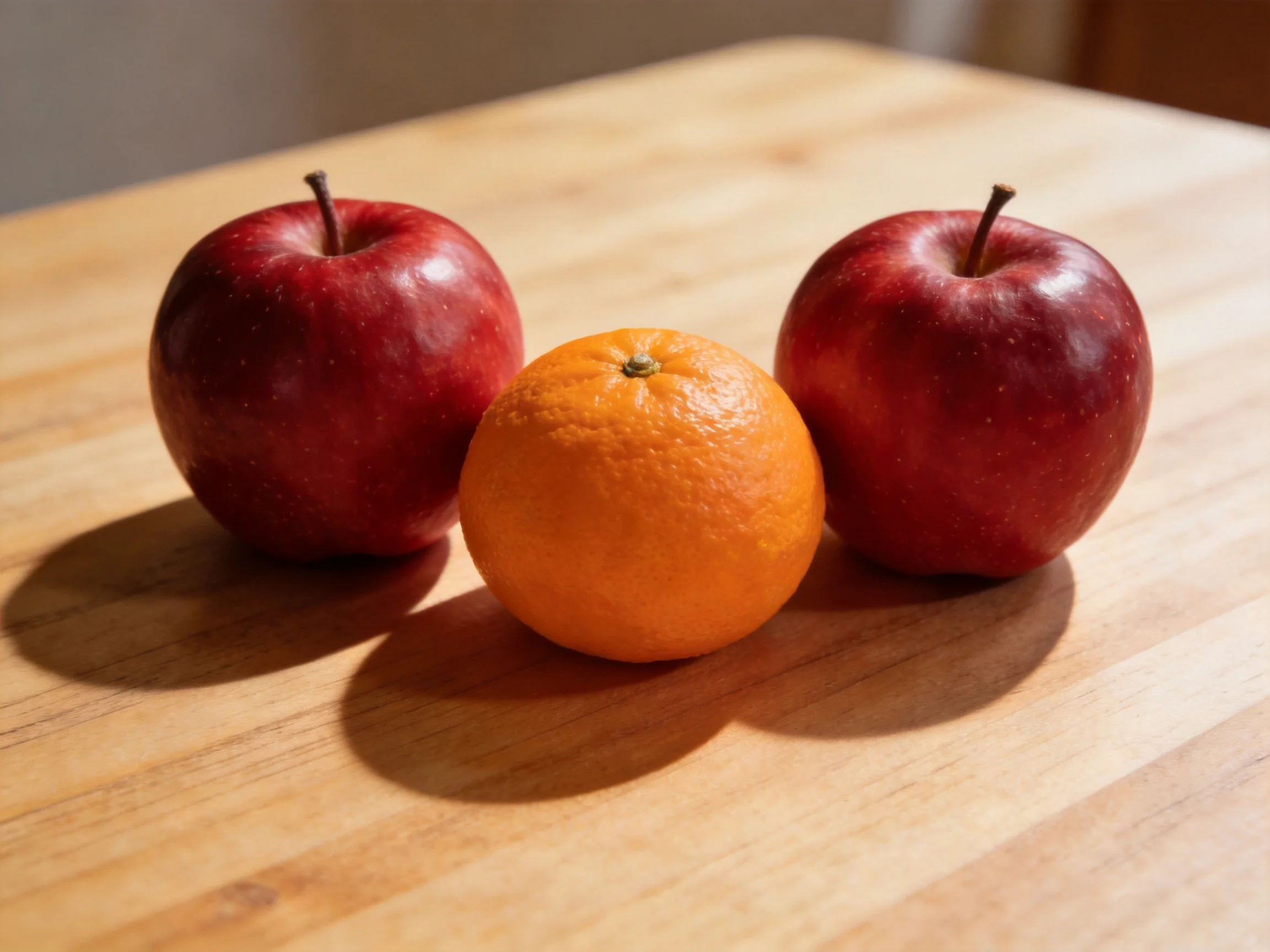 Two red apples and one orange arranged on a wooden surface