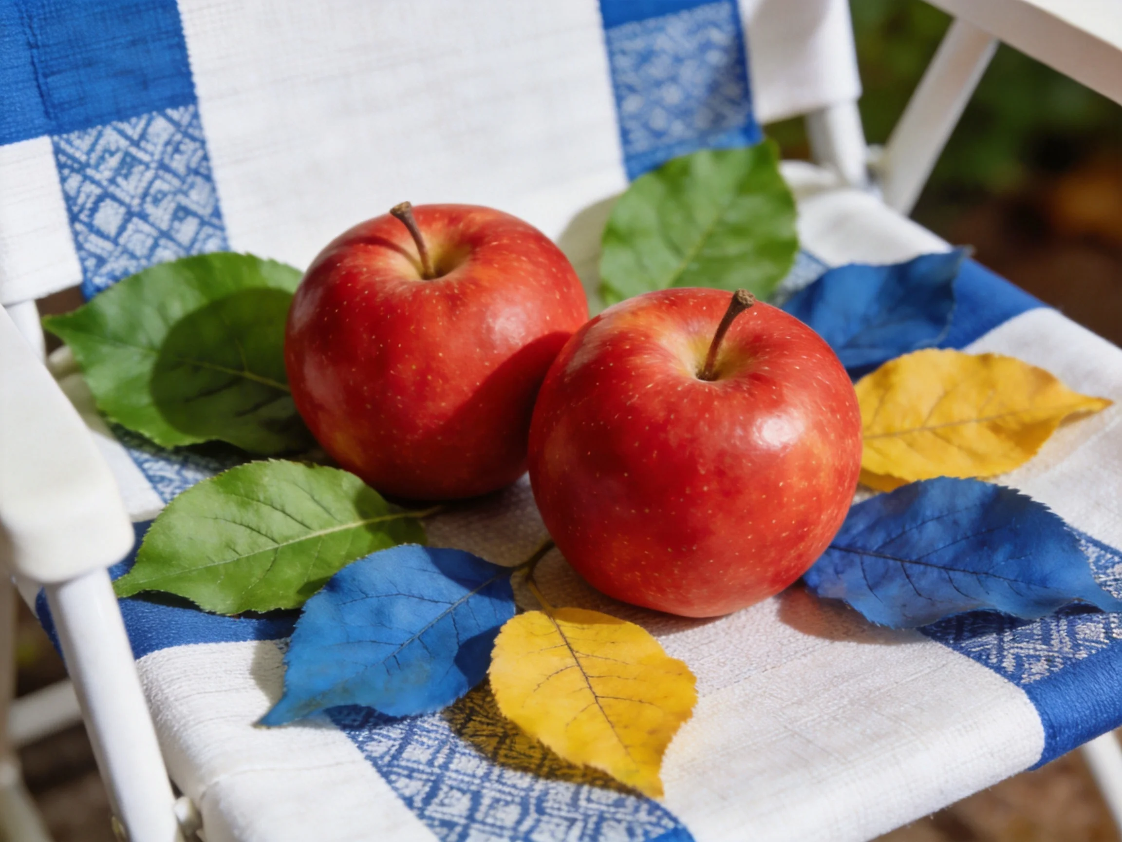 Two red apples with multicolored leaves on blue-and-white chair