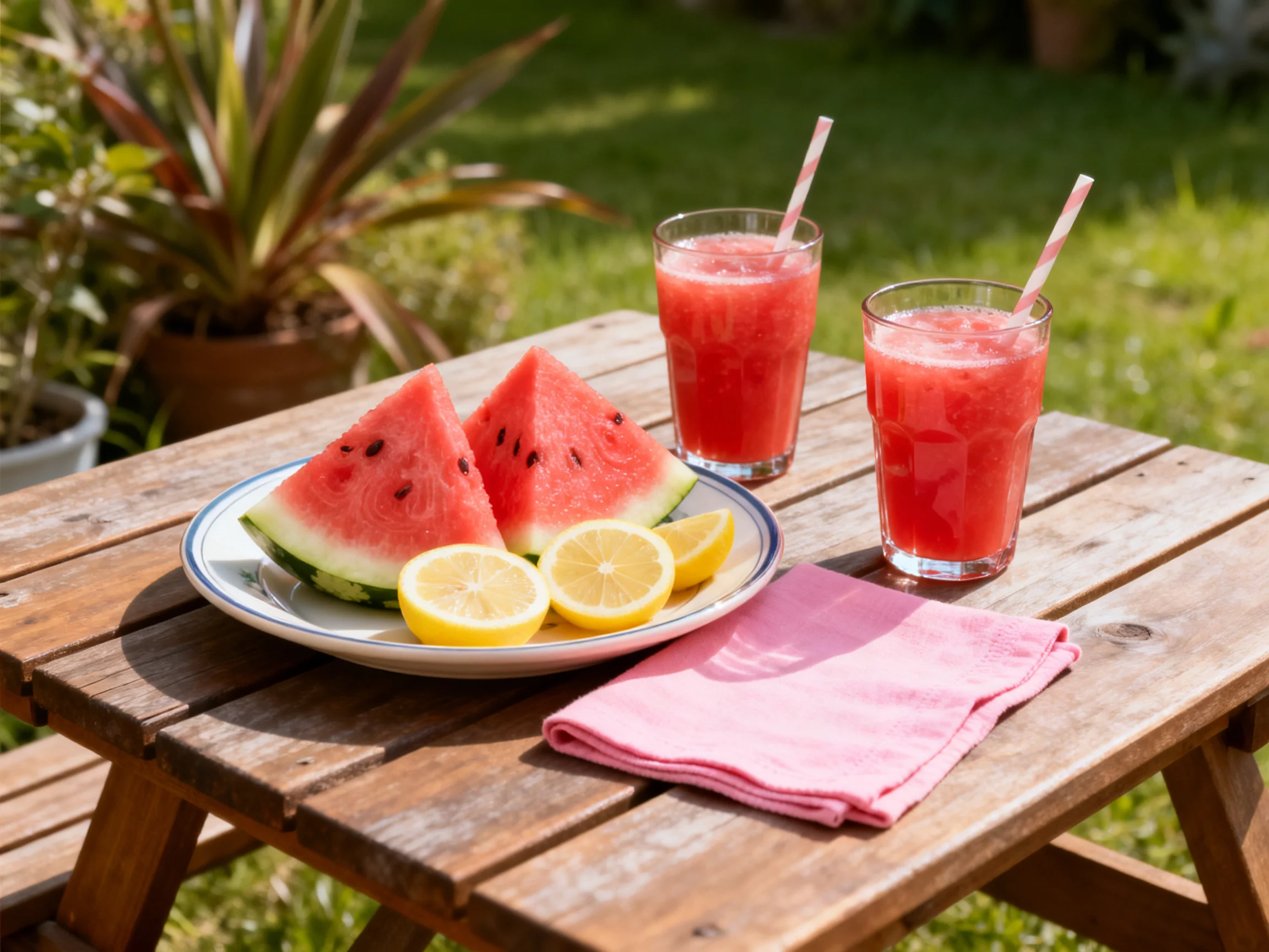 Two red drinks, watermelon slices, lemon wedges on a wooden table outdoors