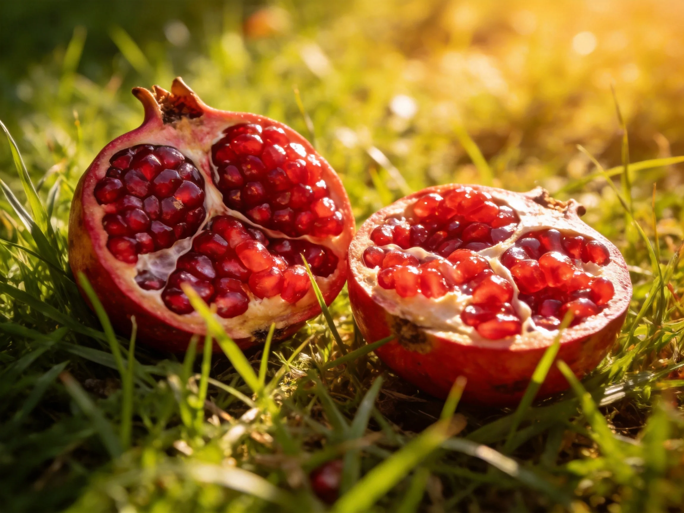 Two red pomegranate halves sit on sunlit green grass
