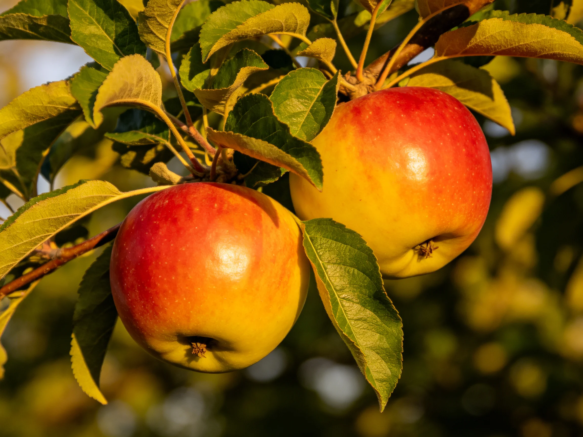 Two red-yellow apples hang from a leafy apple tree branch