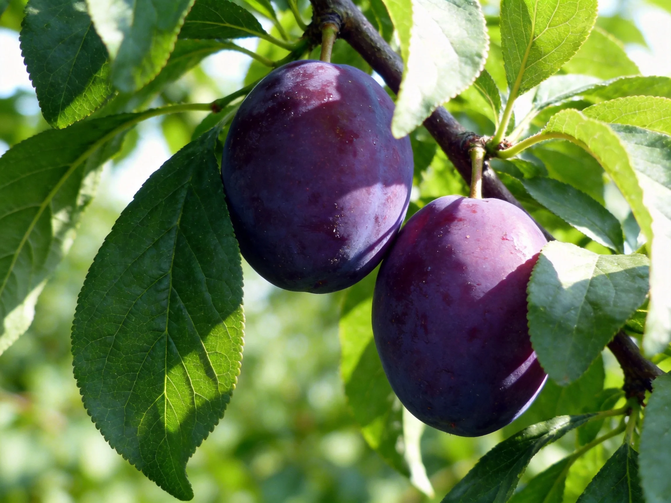 Two rich purple plums hang from a branch amid lush green leaves