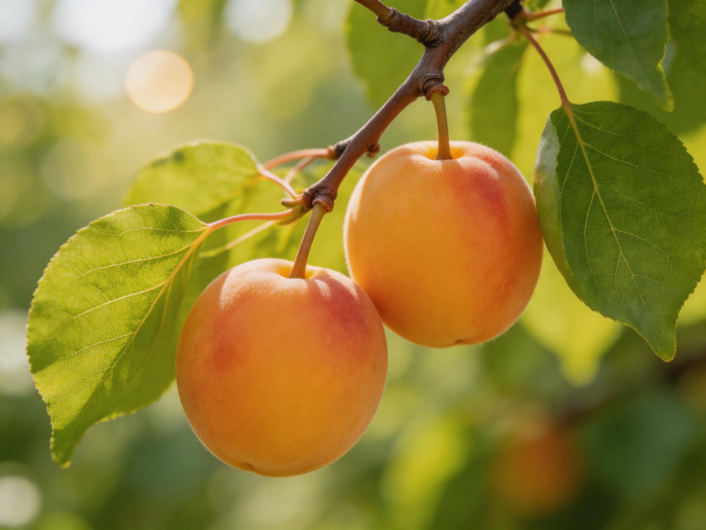 Two ripe apricots hang from a branch amid lush green leaves