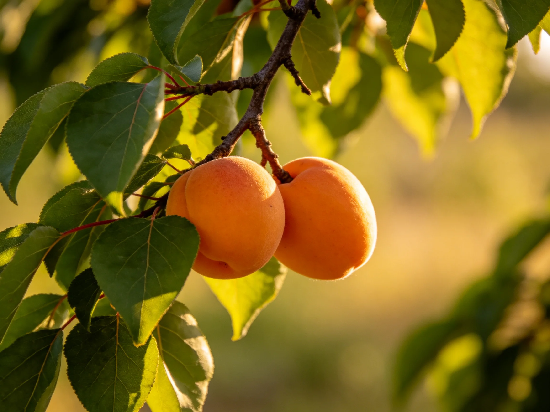 Two ripe apricots hang from a branch amid lush green leaves in golden sunlight