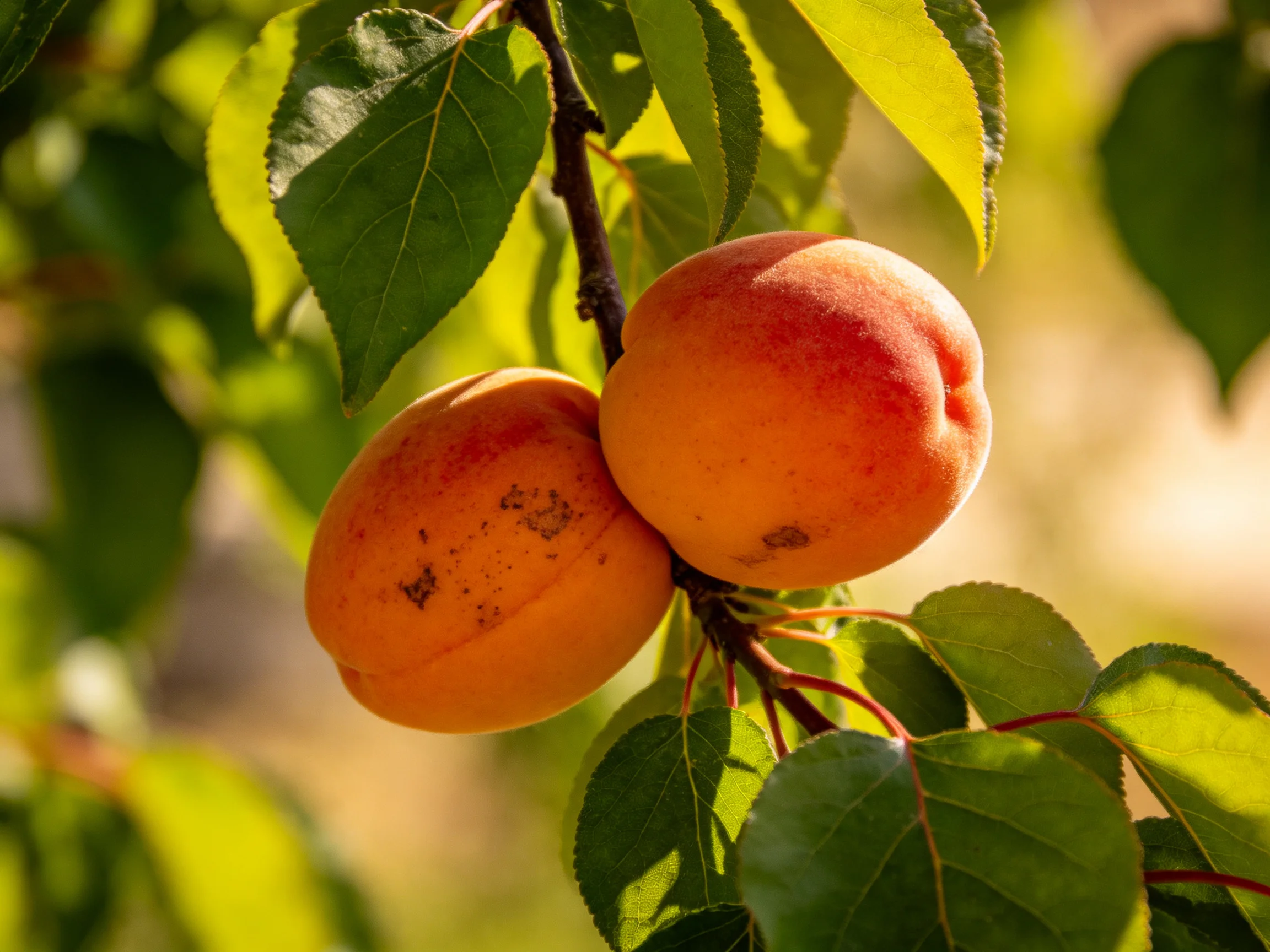 Two ripe apricots hang from a tree branch amid vibrant green leaves