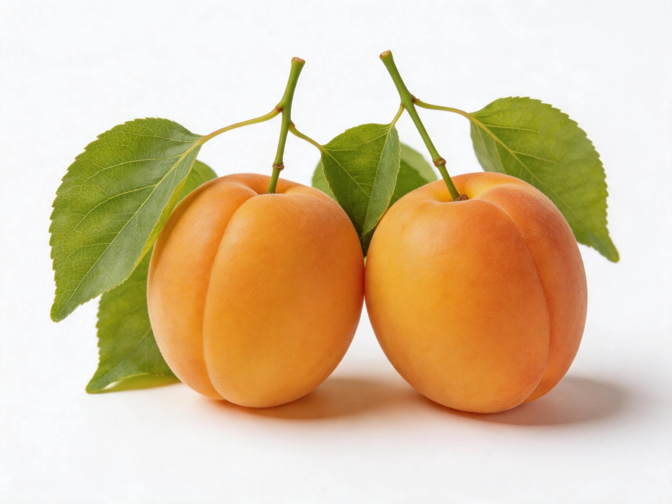 Two ripe apricots with vibrant green leaves on a white backdrop