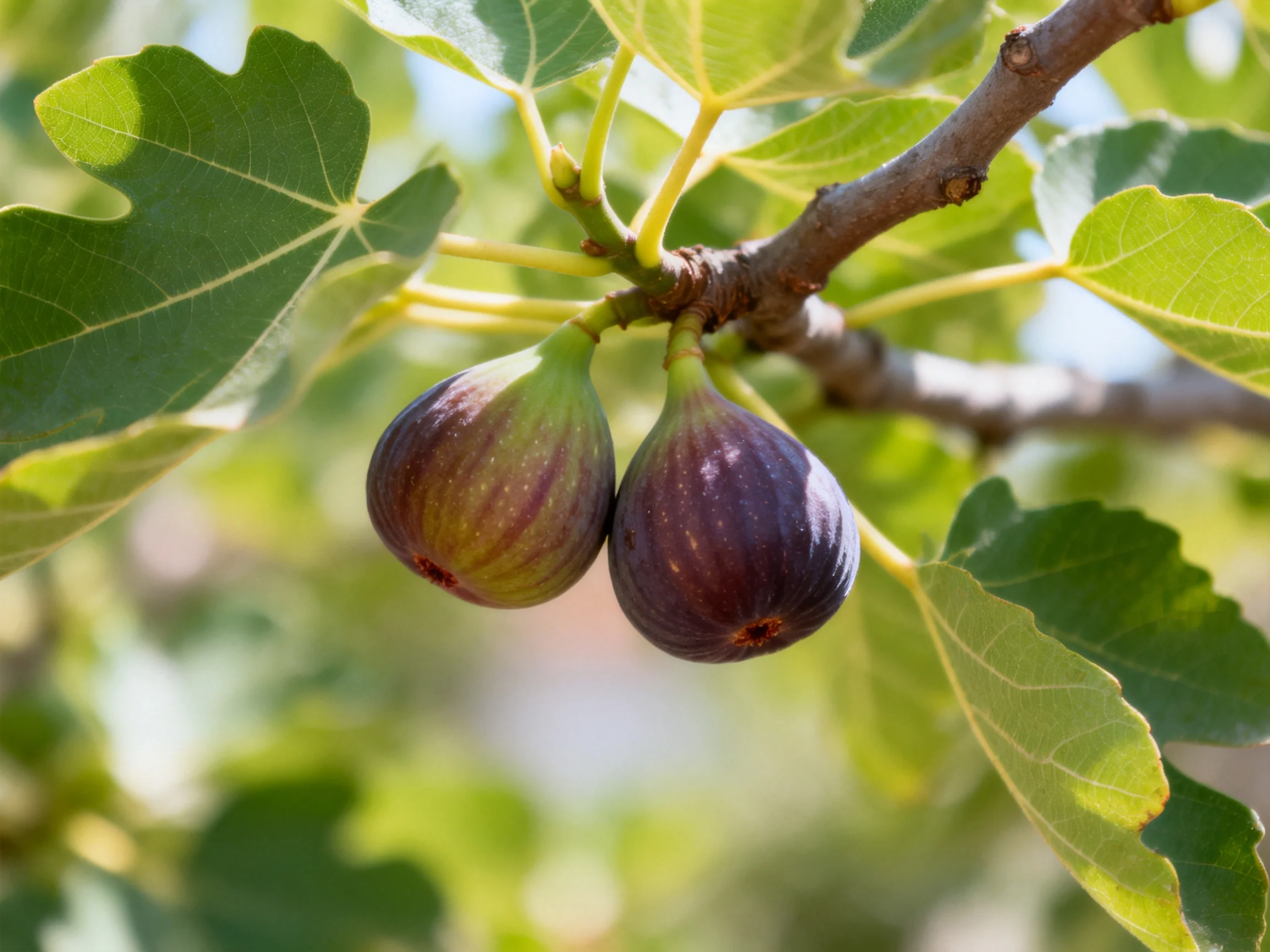 Two ripe figs in purple and green hang from a brown tree branch with lush green foliage.